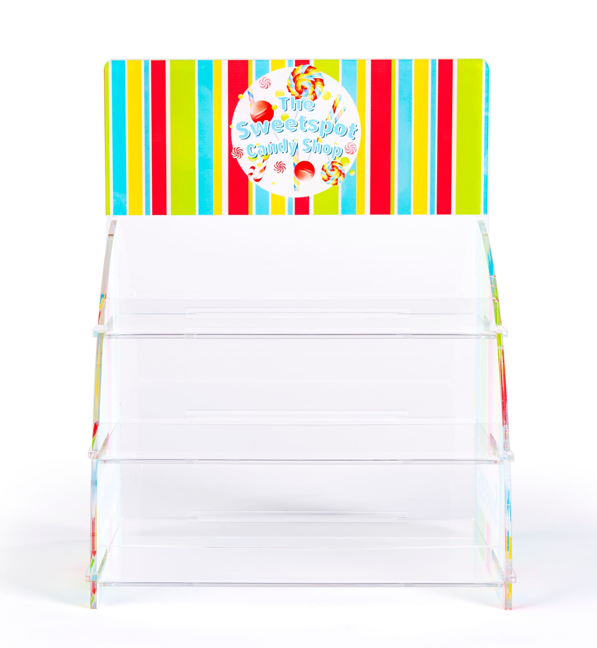 Three tier printed acrylic display shelves featuring header and side graphics