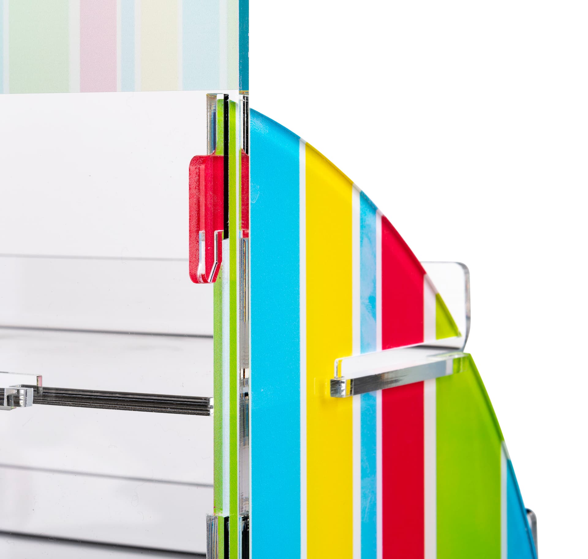 Three tier printed acrylic display shelves with interlocking slots