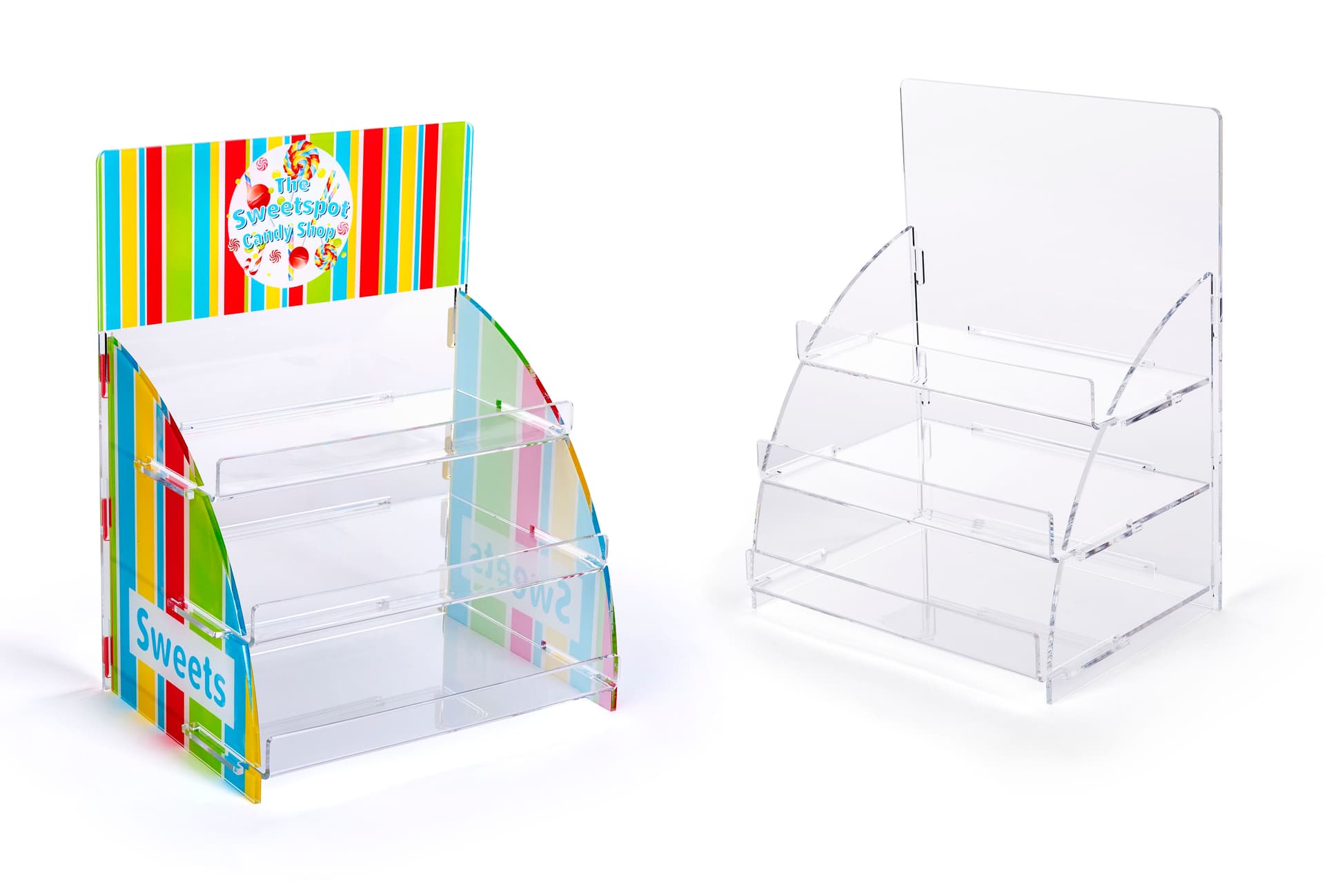 Three tier printed acrylic display shelves, choose either customized graphics or blank