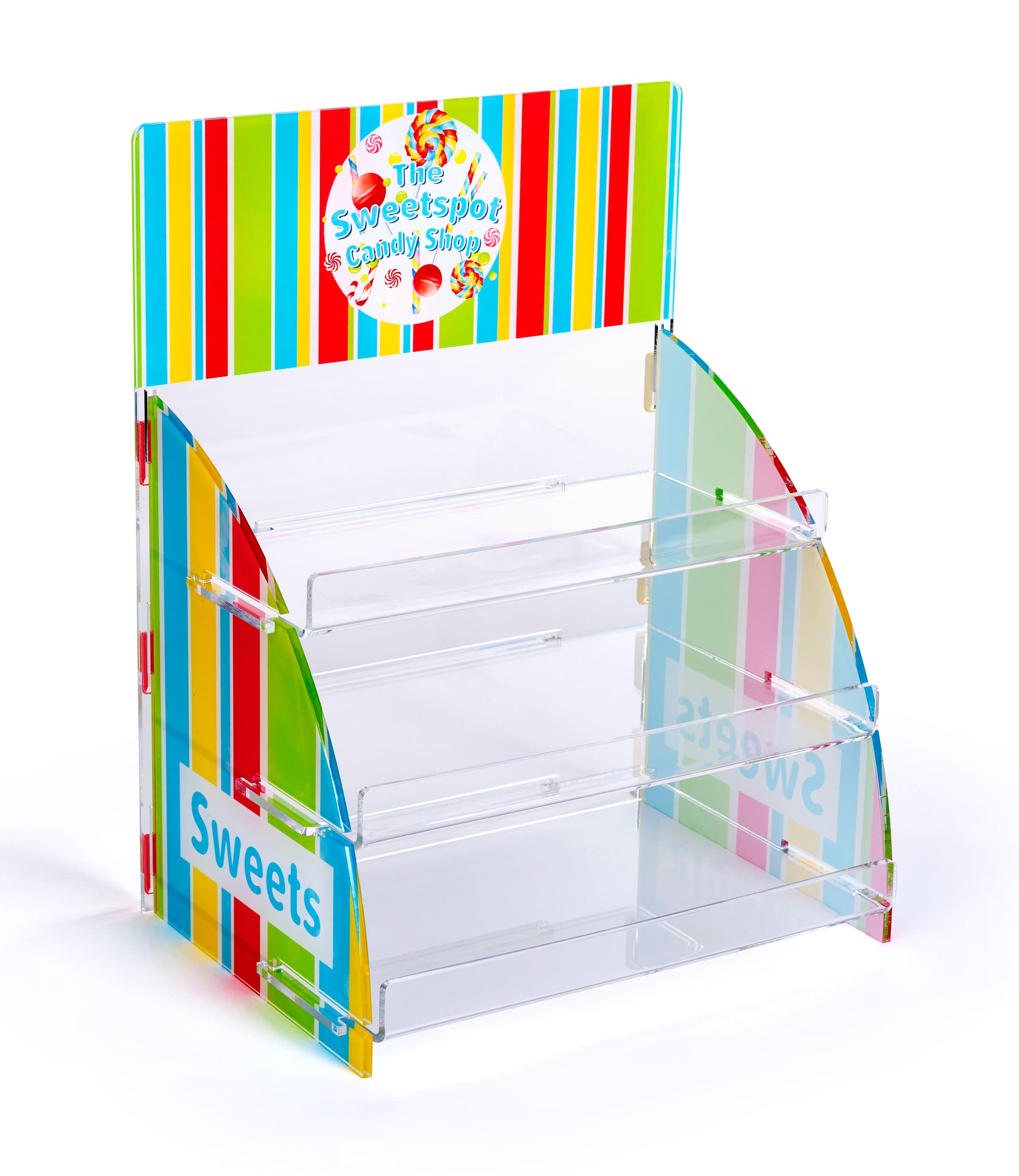 Three tier printed acrylic display shelves features custom graphics