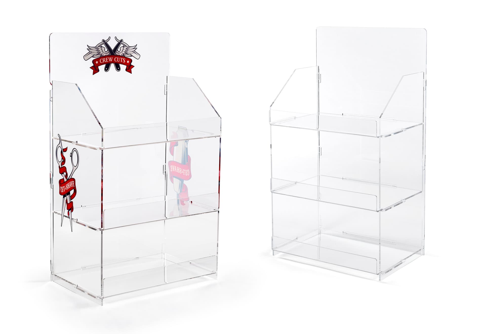 3 shelf countertop acrylic tower stand, features optional custom printing