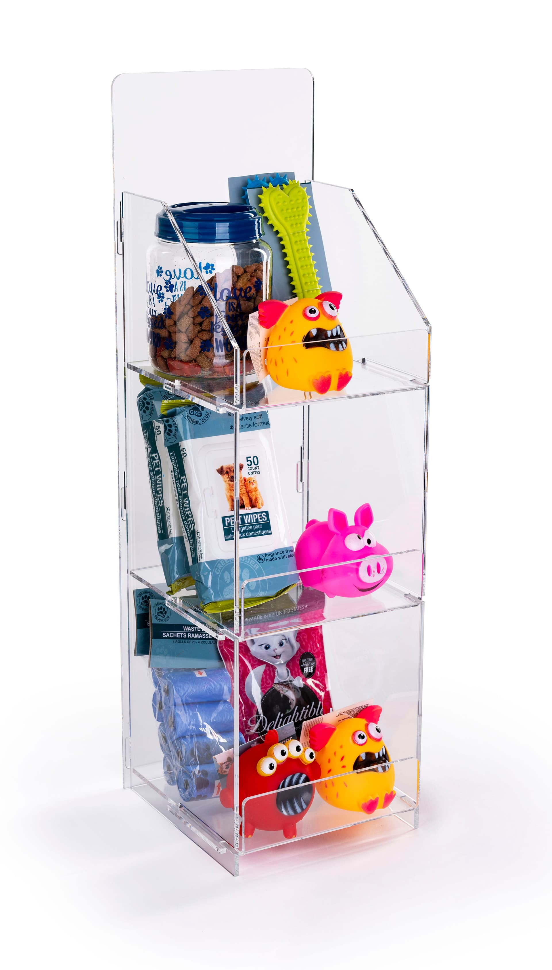 Folding acrylic 3 tier retail display case features squared edge sides