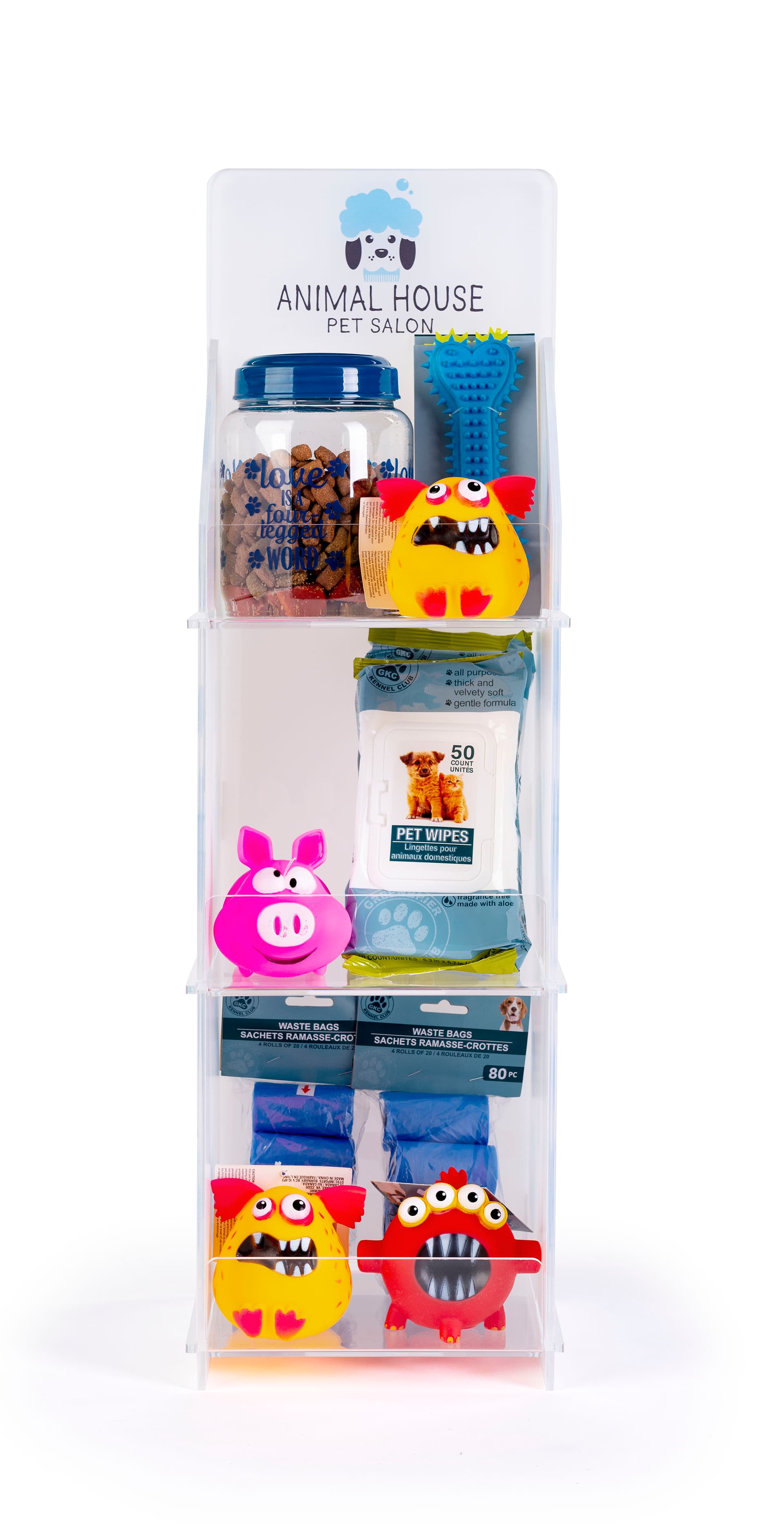 Printed countertop acrylic 3 tier shelf rack featues custom printing on header and sides