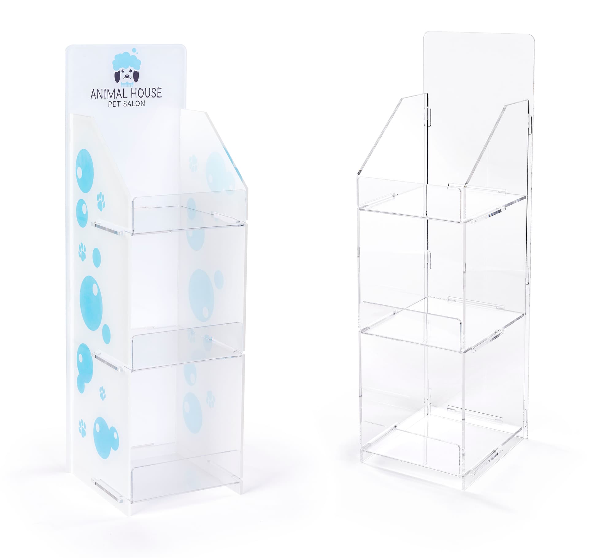 Printed countertop acrylic 3 tier shelf rack featues optional custom graphics