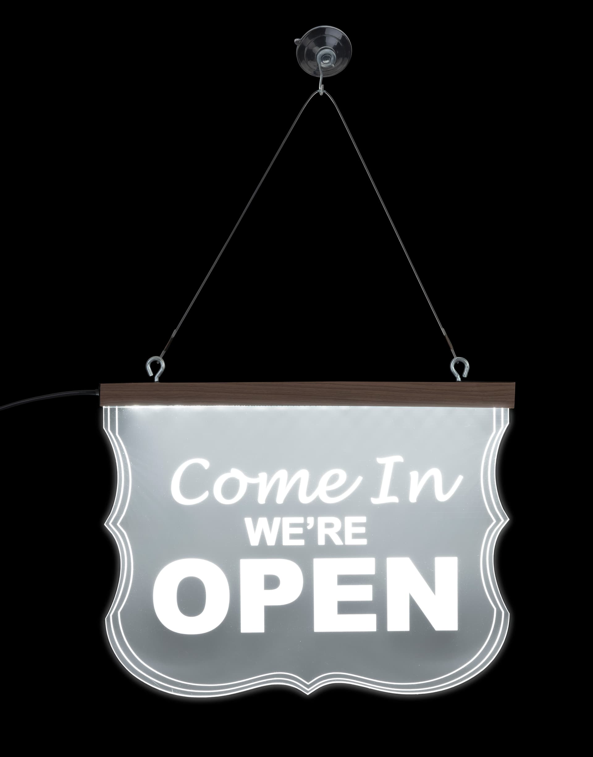 Edge lit open signage with white illuminated light design