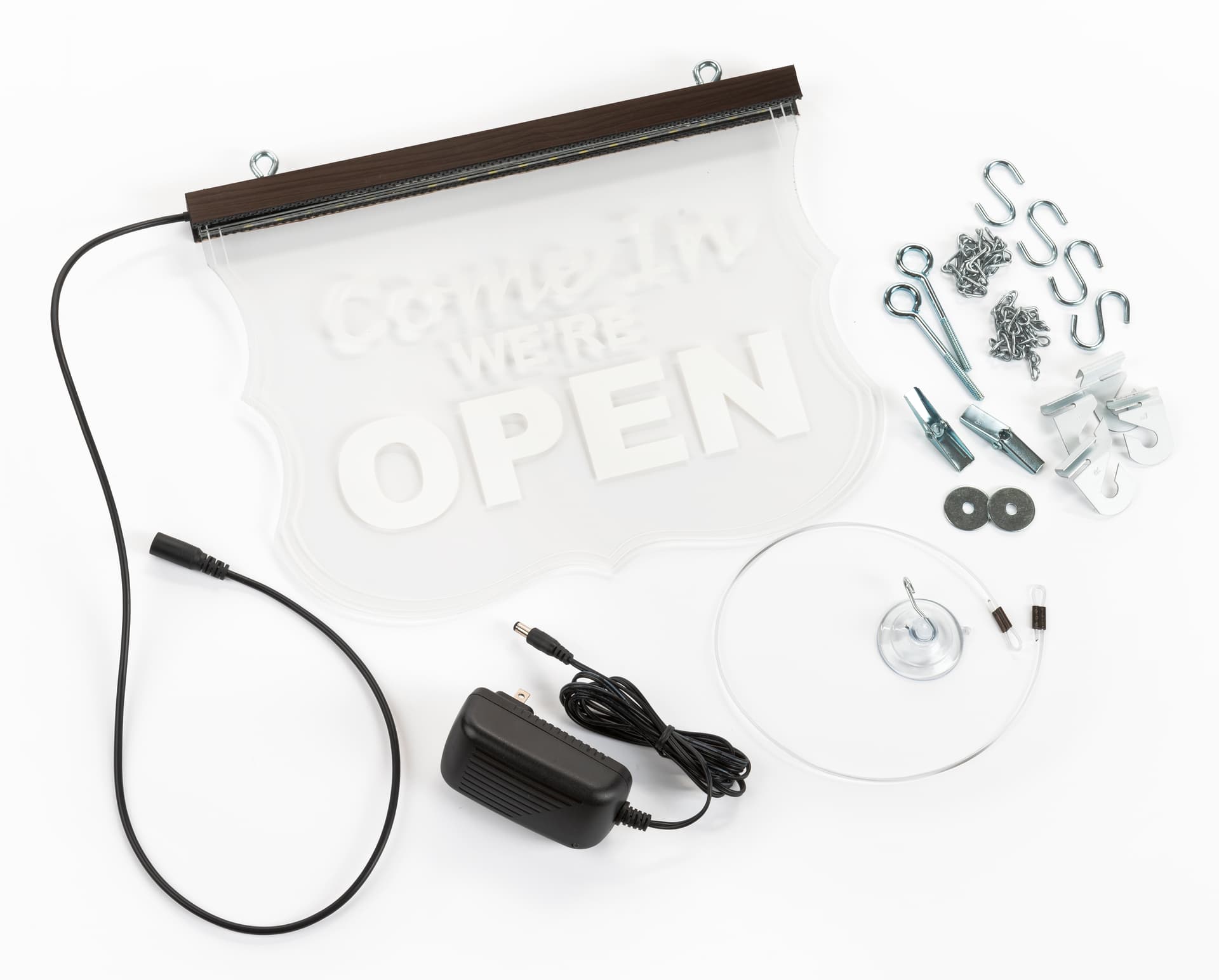 Edge lit open signage wits hanging hardware included 