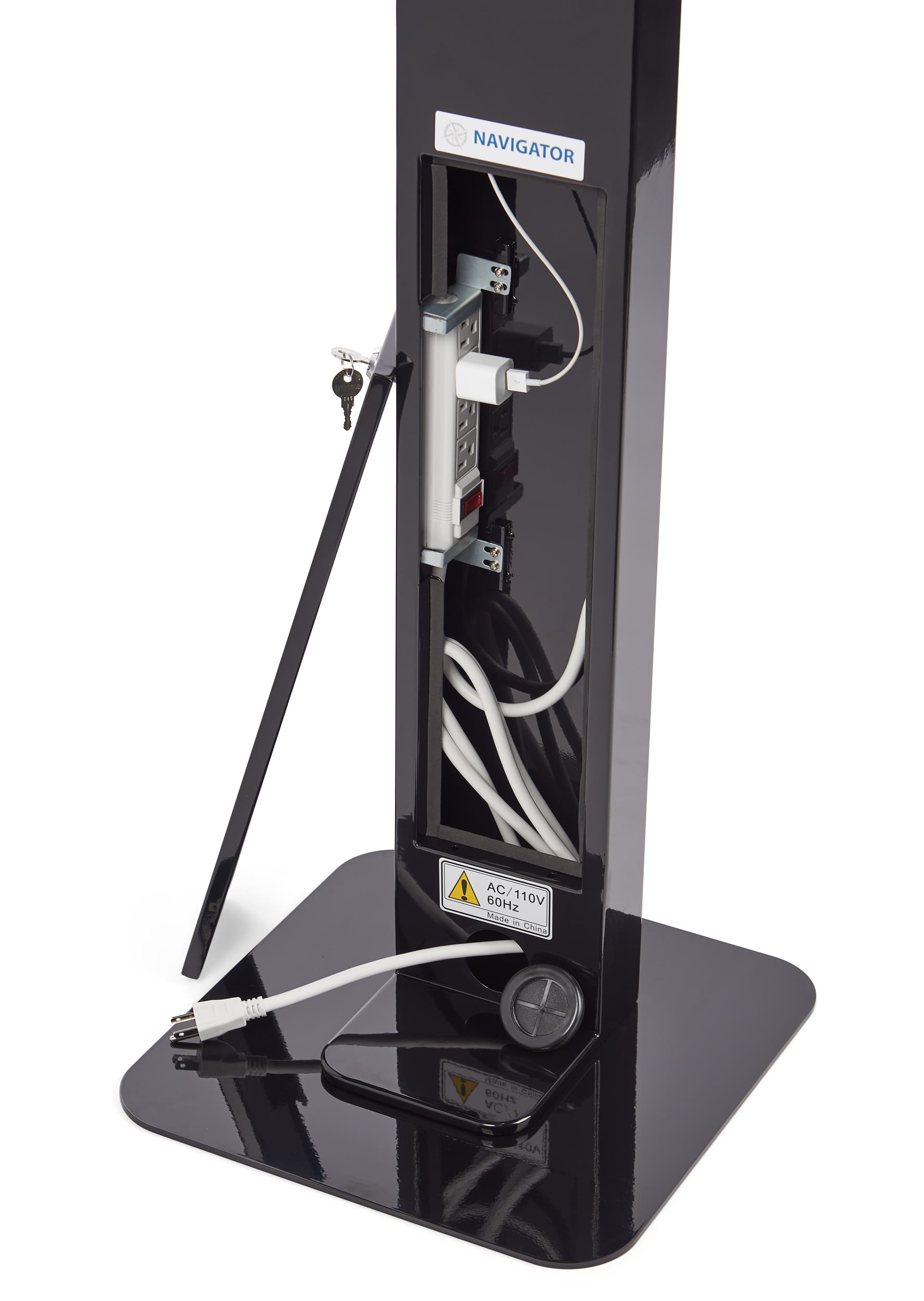 This tablet kiosk enclosure can house cables 
