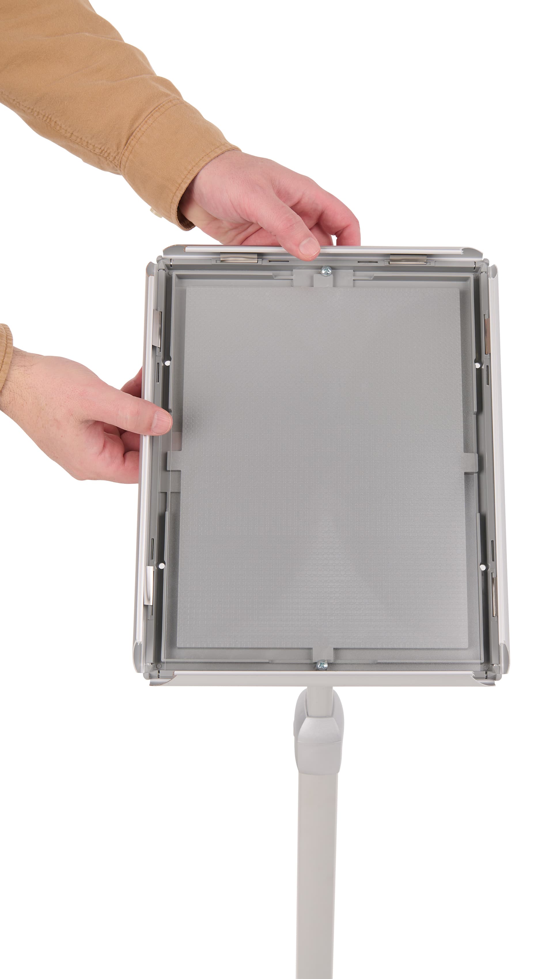 Adjustable sign holder with easy loading snap frame 