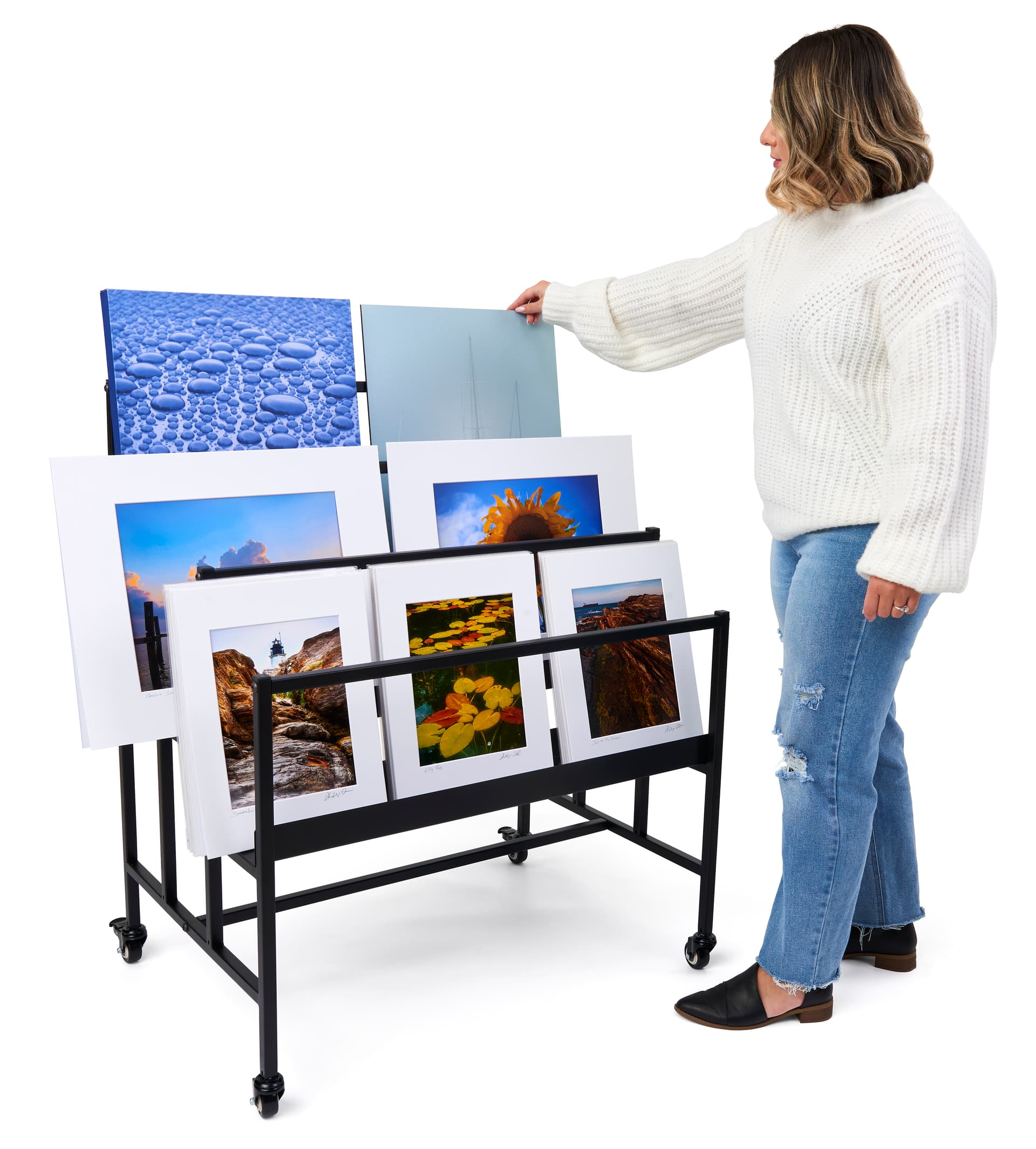 Three-tier art display rack is ideal at galleries 