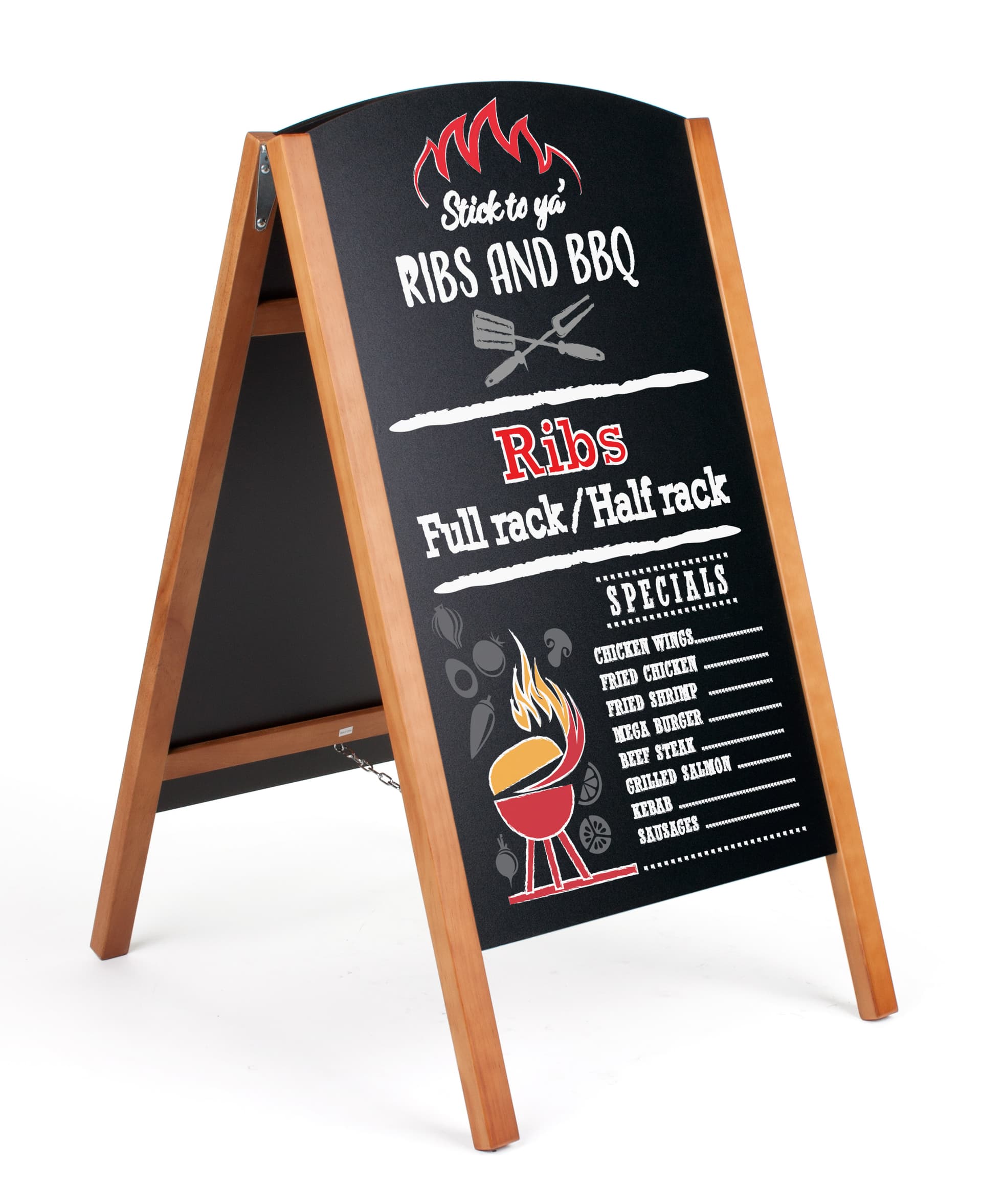 Digitally printed chalkboard easel with custom graphic and teak frame