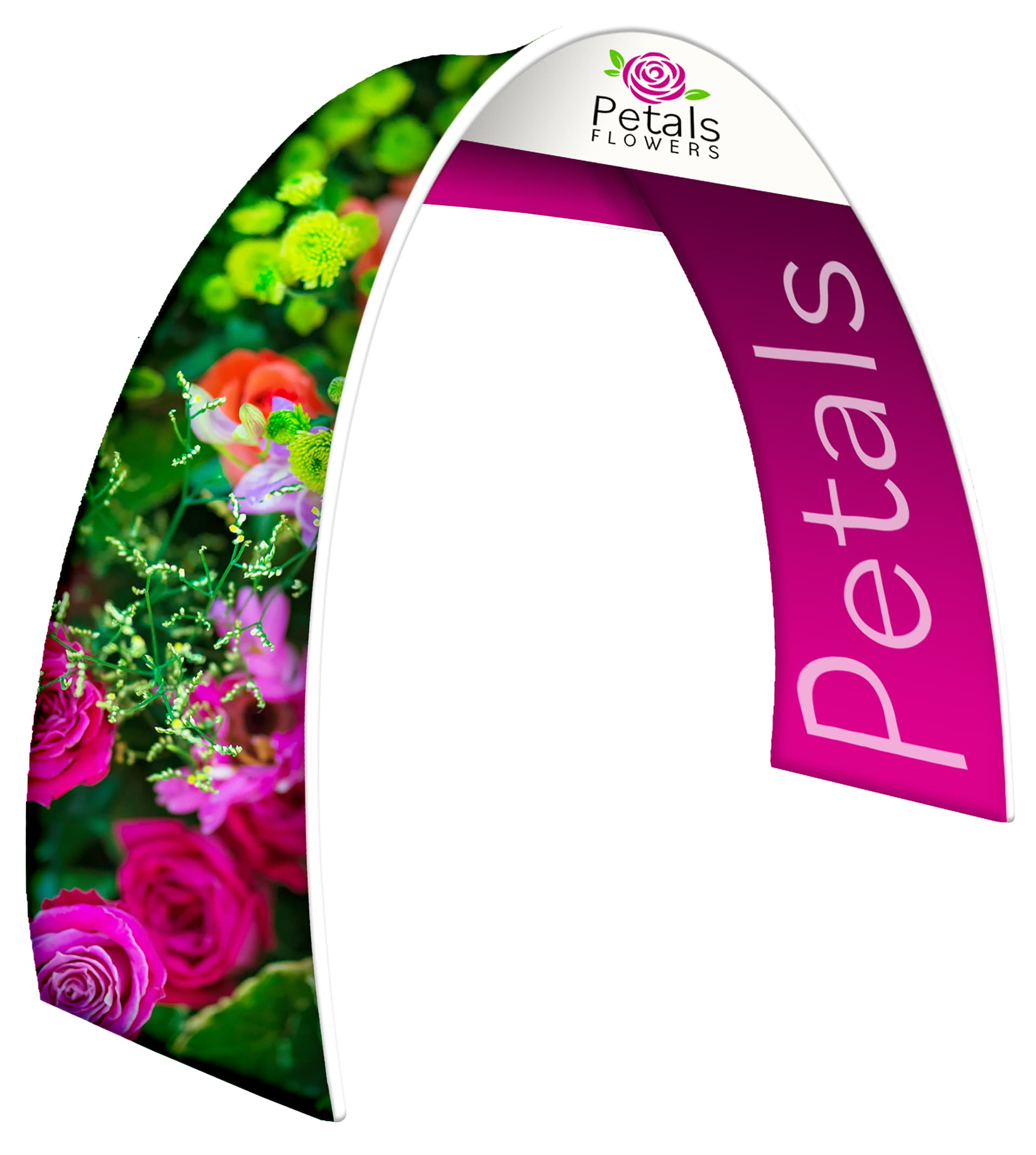 Personalized oval trade show archway with stretch polyester fabric