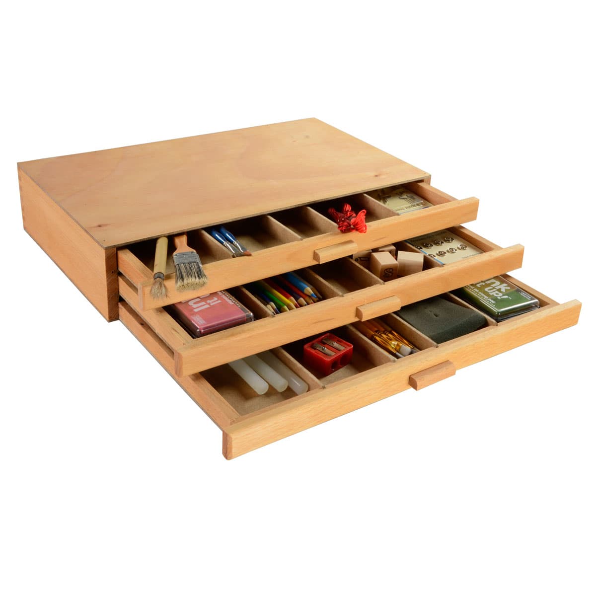 Wooden art supply organizer with five compartments per drawer