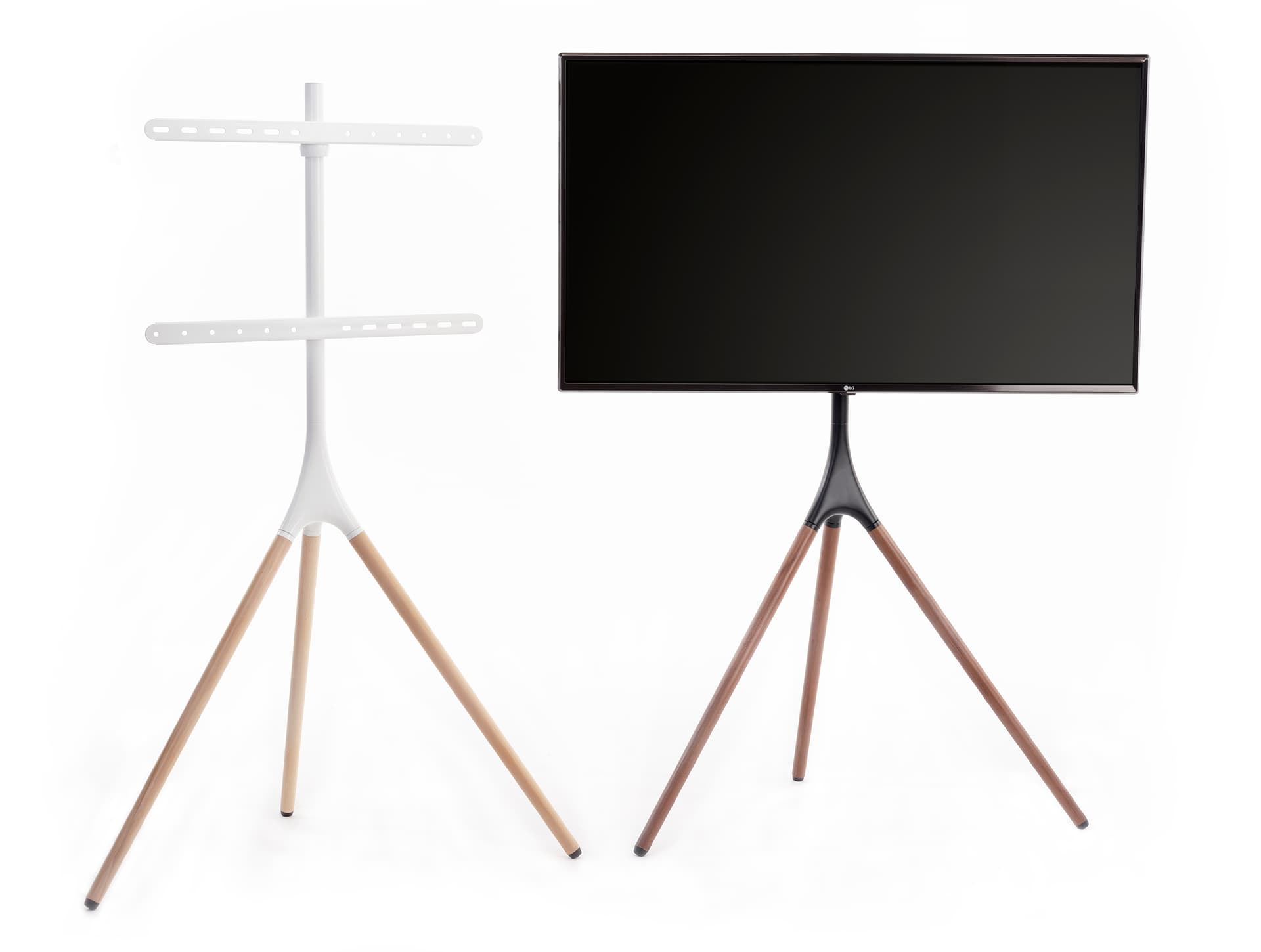 Wooden tripod TV stand in semi-gloss white metal and light wood color