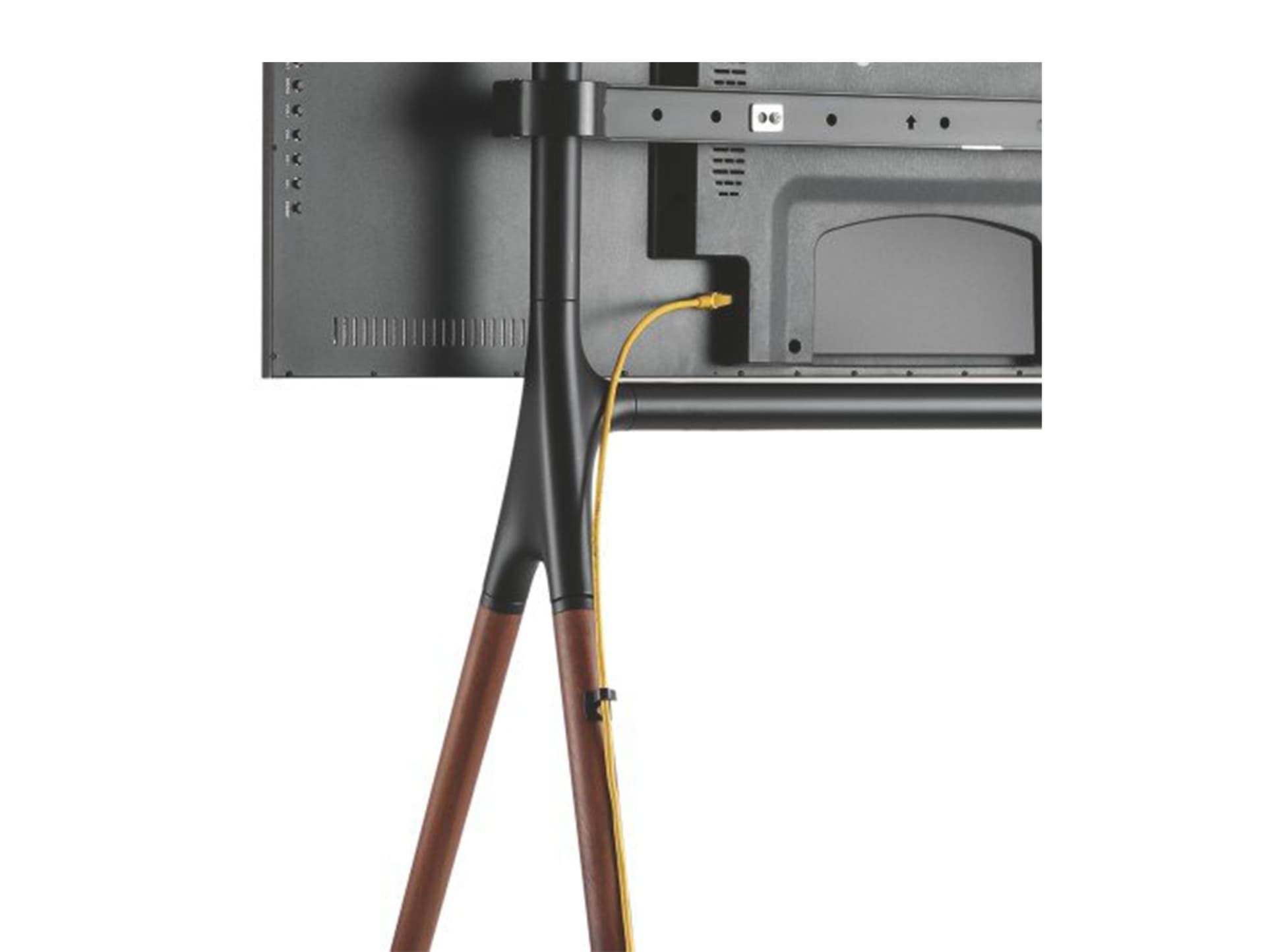 Adjustable mounting brackets included with minimalist TV sawhorse stand