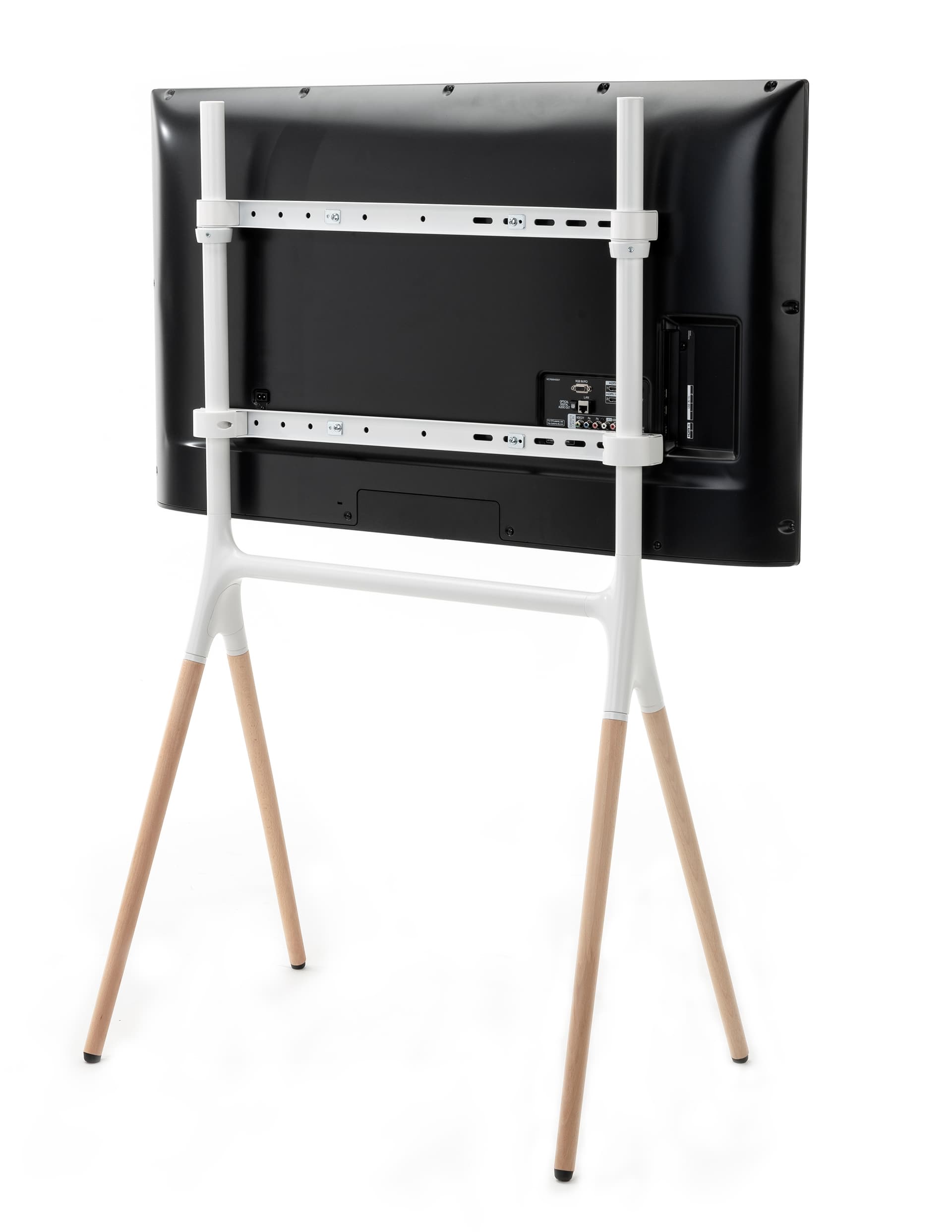 Adjustable mounting brackets included with modern sawhorse-style TV display stand