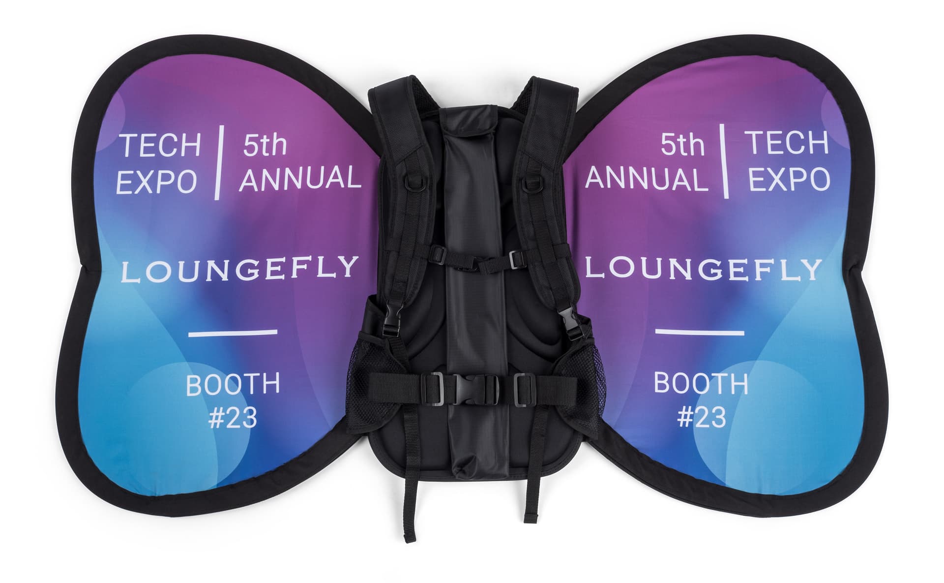 Custom wing-shaped backpack banner advertising