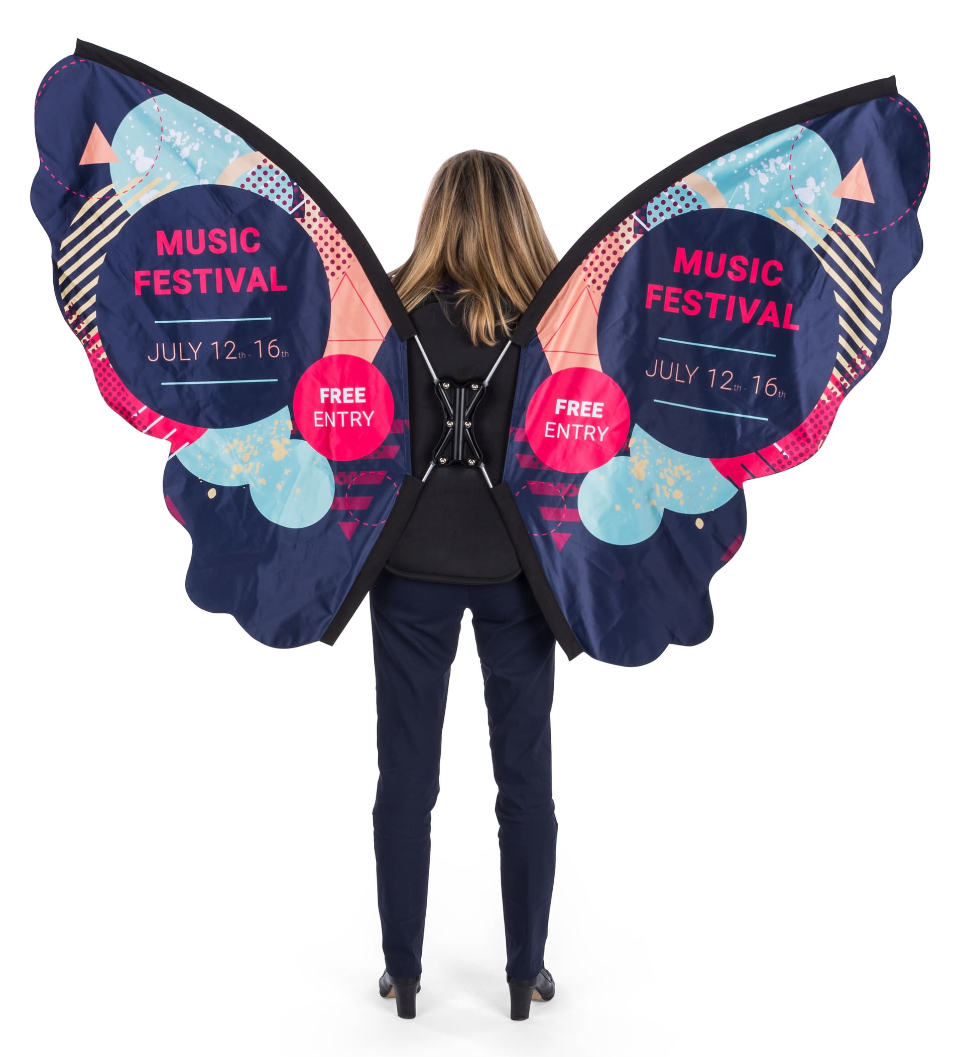 Unique shaped walking butterfly backpack advertising