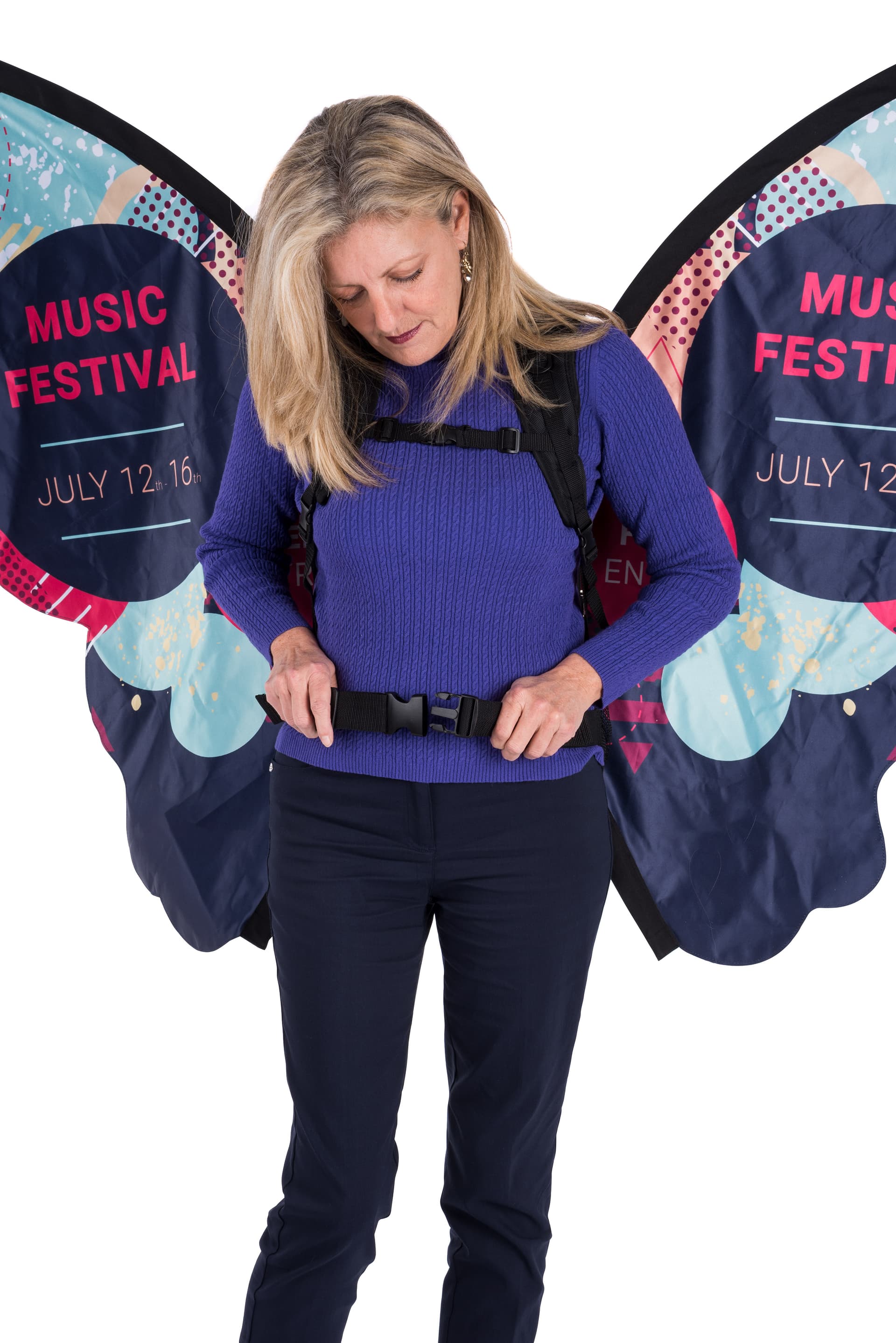 Adjustable walking butterfly backpack advertising