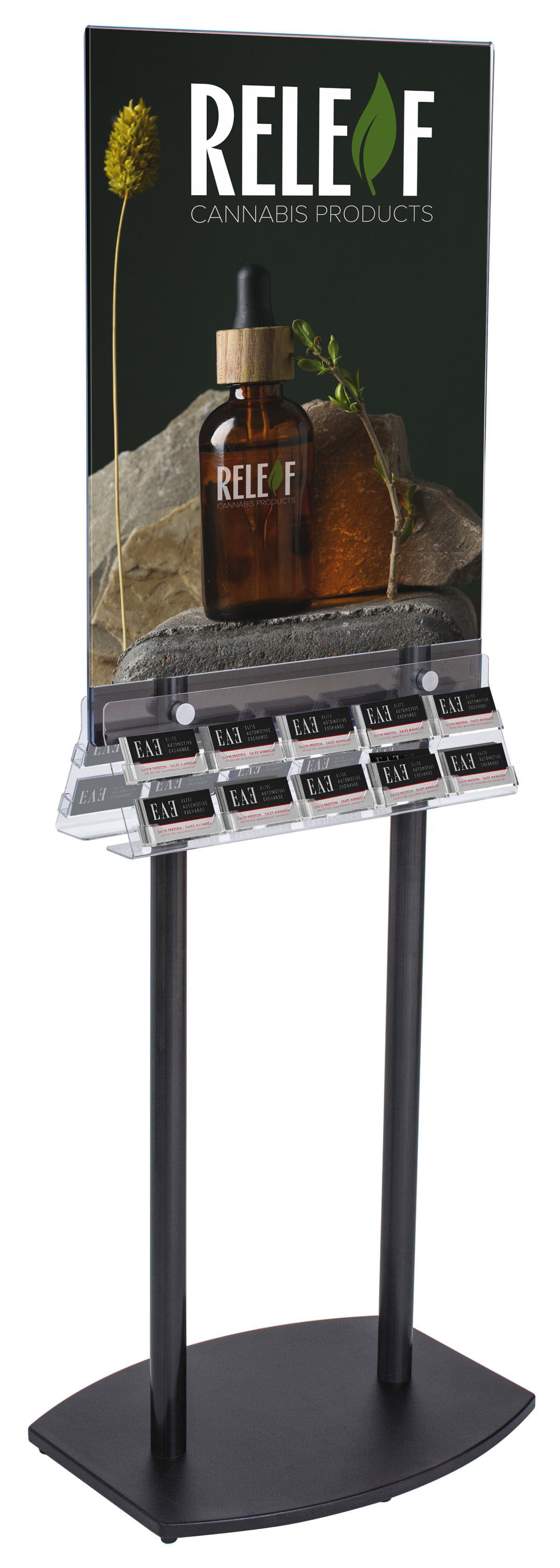 Space Saving Double-Sided Poster Stand with Business Card Slots