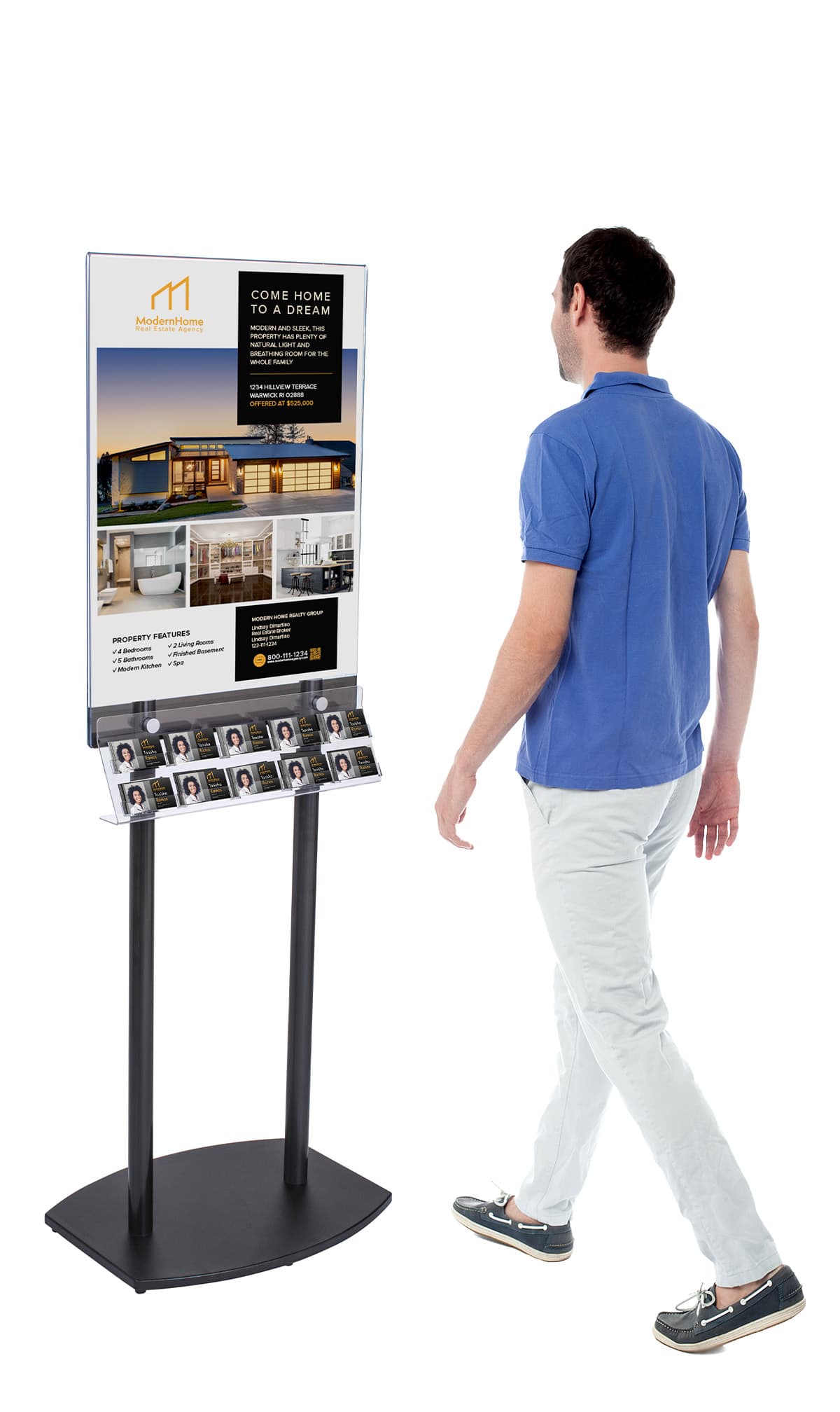 Black Poster Stand with Business Card Rack for Contact Information and Gift Cards