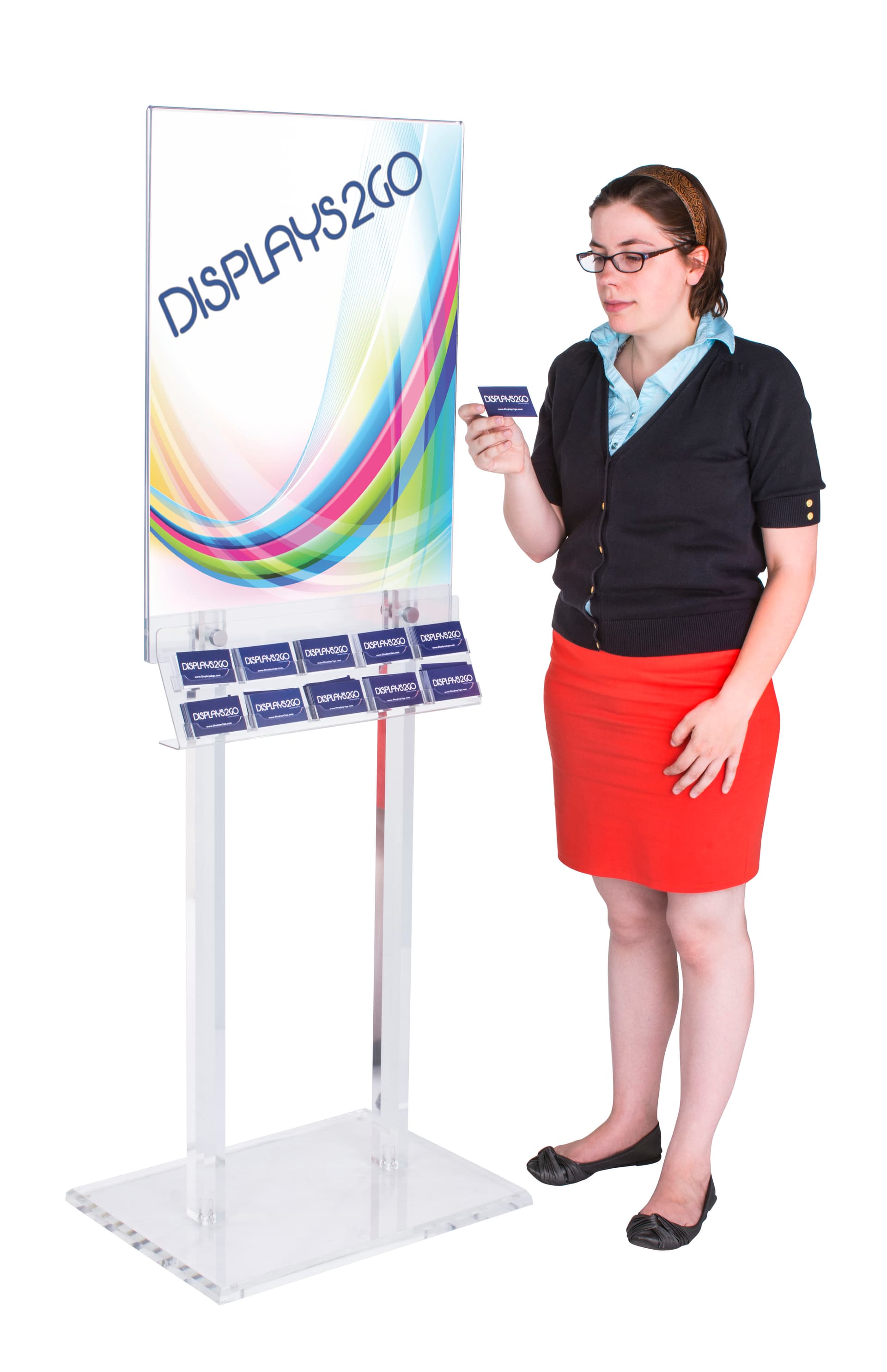 67"h Clear Poster Stand with Business Card Pockets