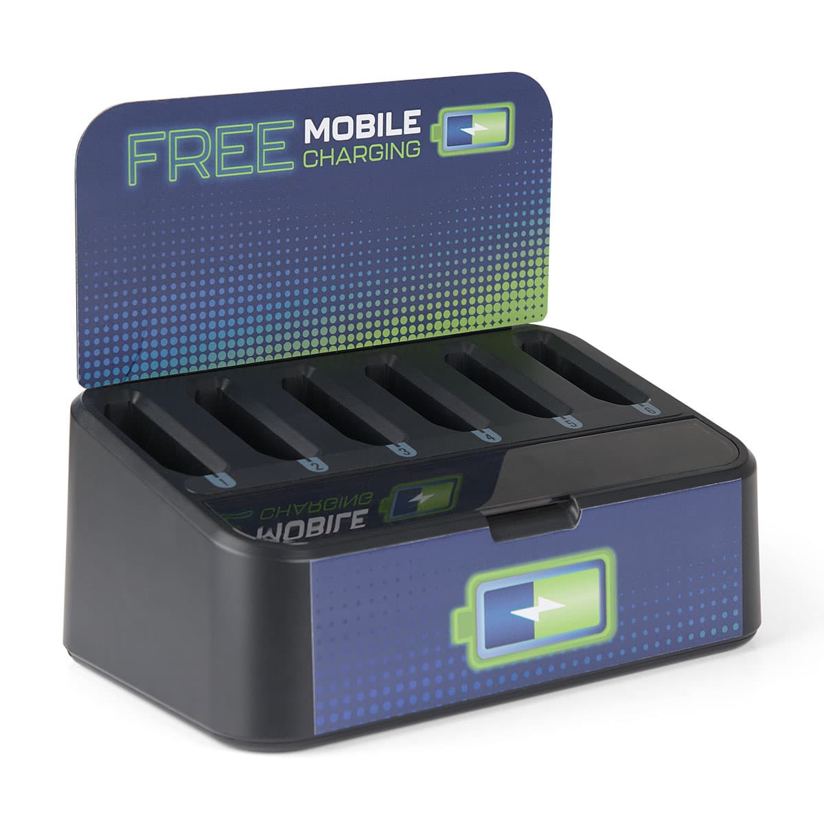 Portable battery dock charging station comes with six slots for recharging each bank
