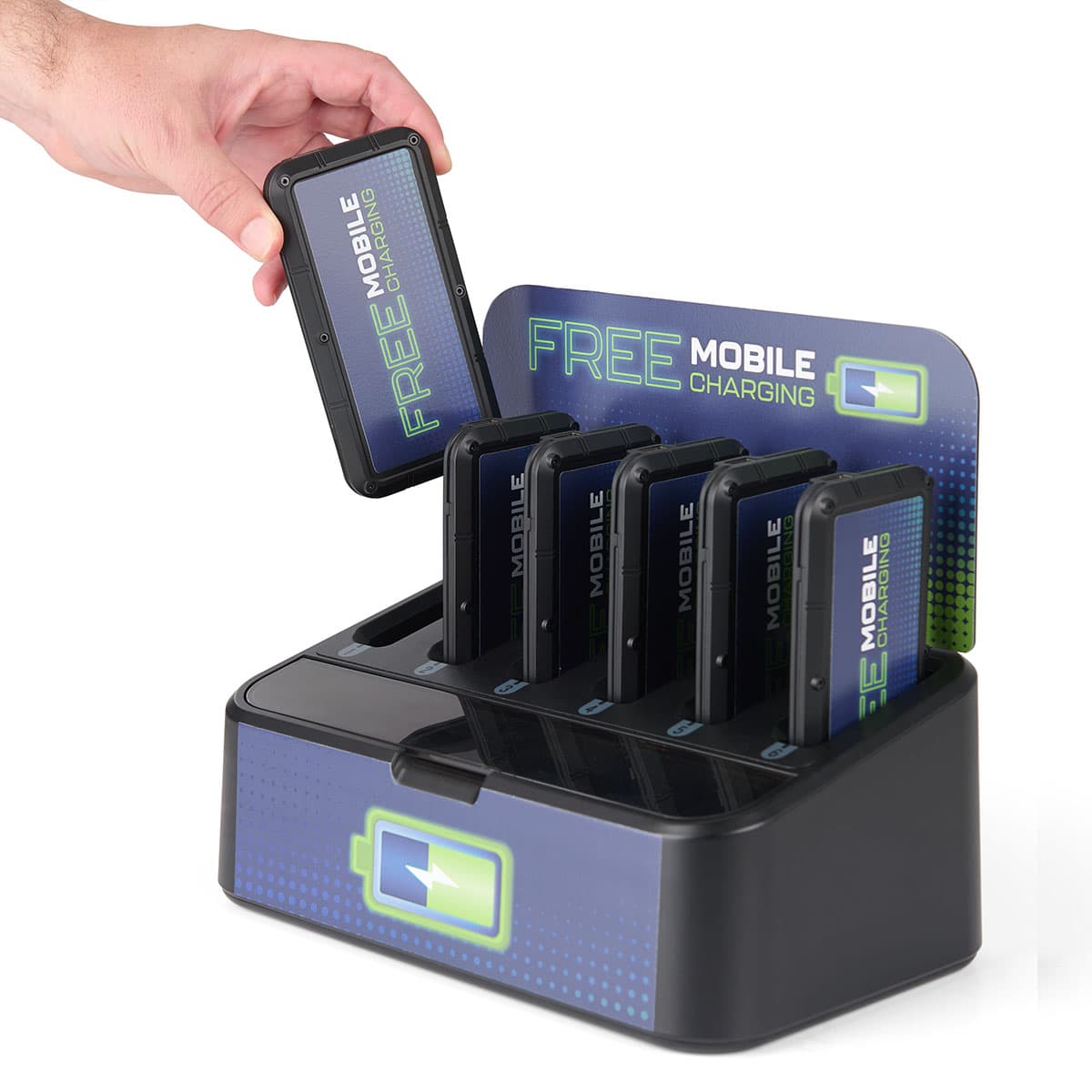 Portable battery dock charging station provides easy access for self-service