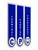 Ceiling hanging directional signage with printed graphics