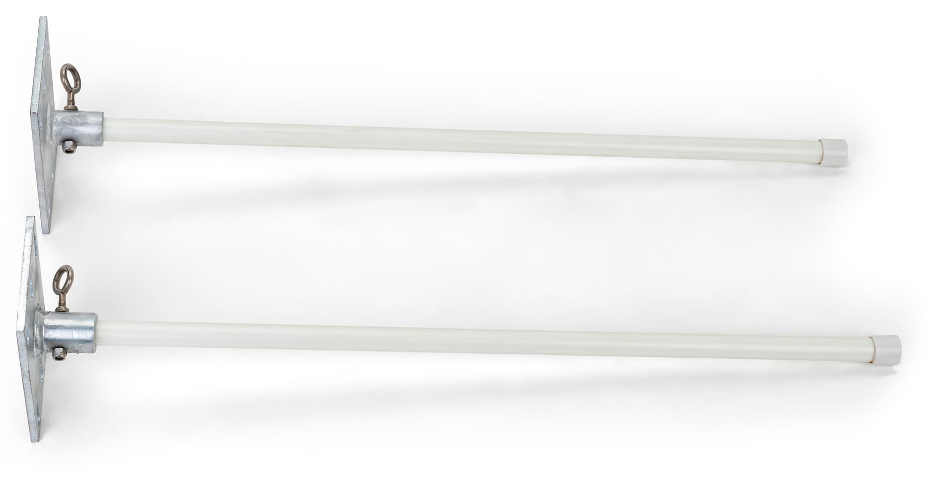 Wall mount banner hardware system with weather-resistant aluminum mounts and fiberglass poles