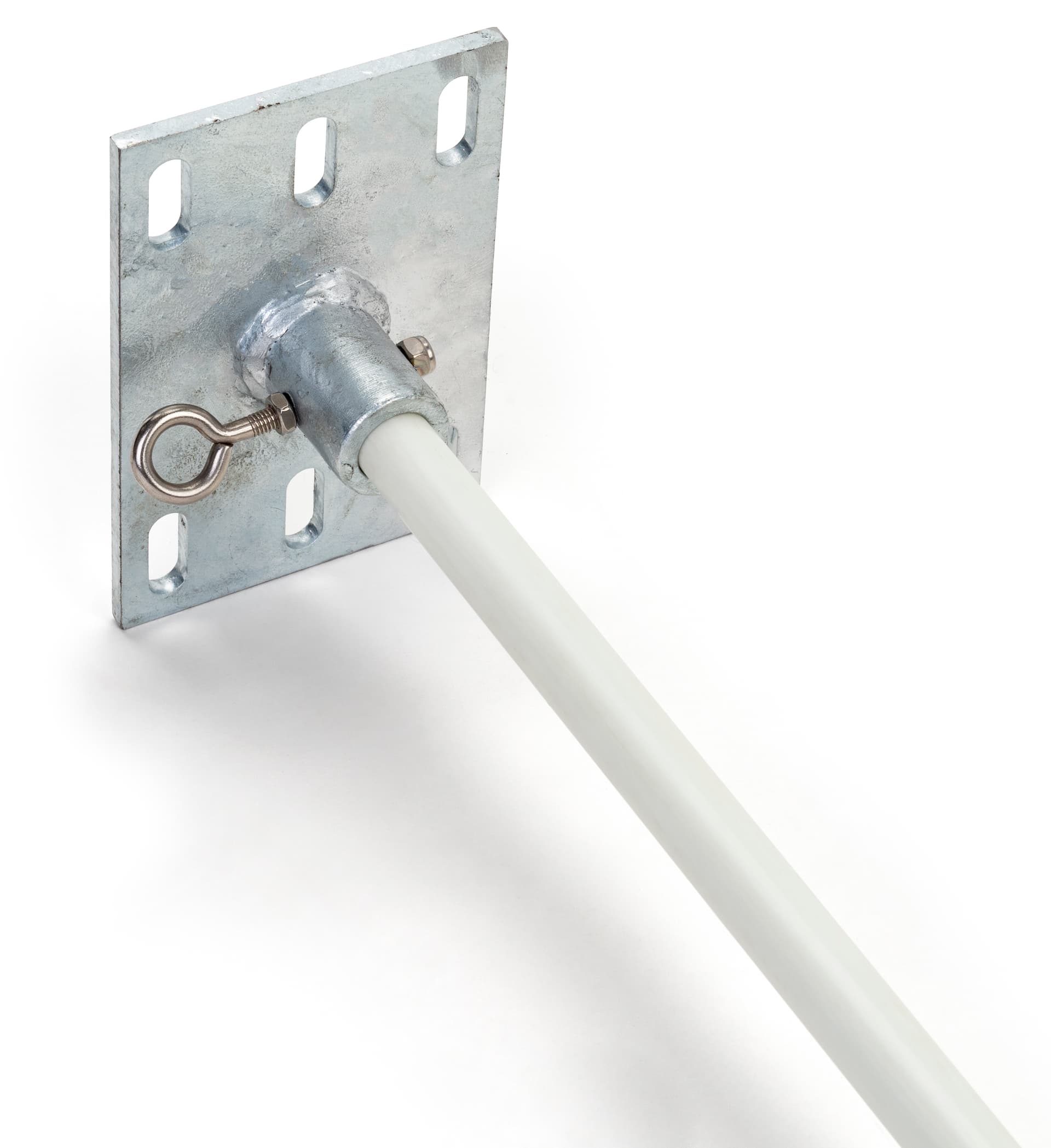 Wall mount banner hardware system includes 6 pre-drilled holes on base plate