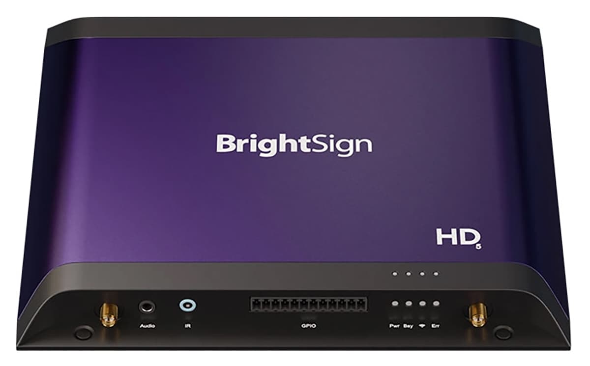 BrightSign HD226 digital signage media player with slim low profile design to easily be concealed behind digital screens