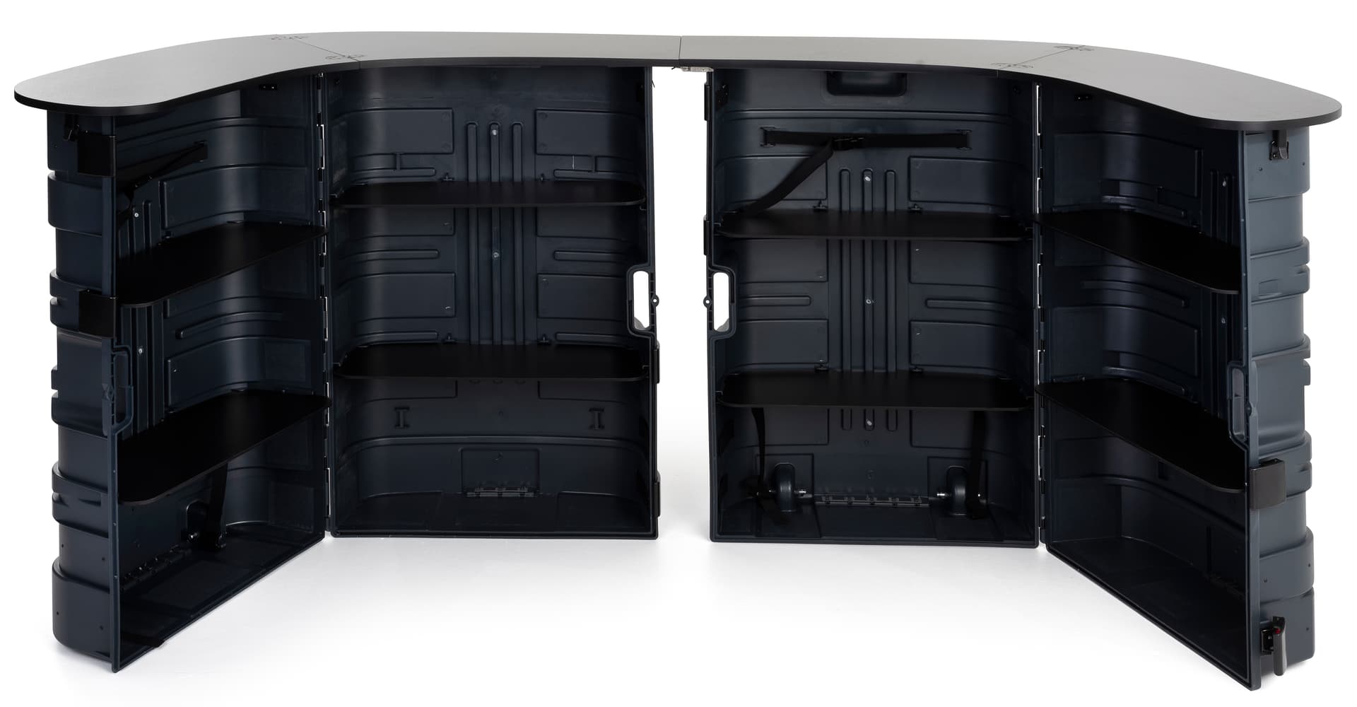 Trade show case to counter display with eight shelf inserts