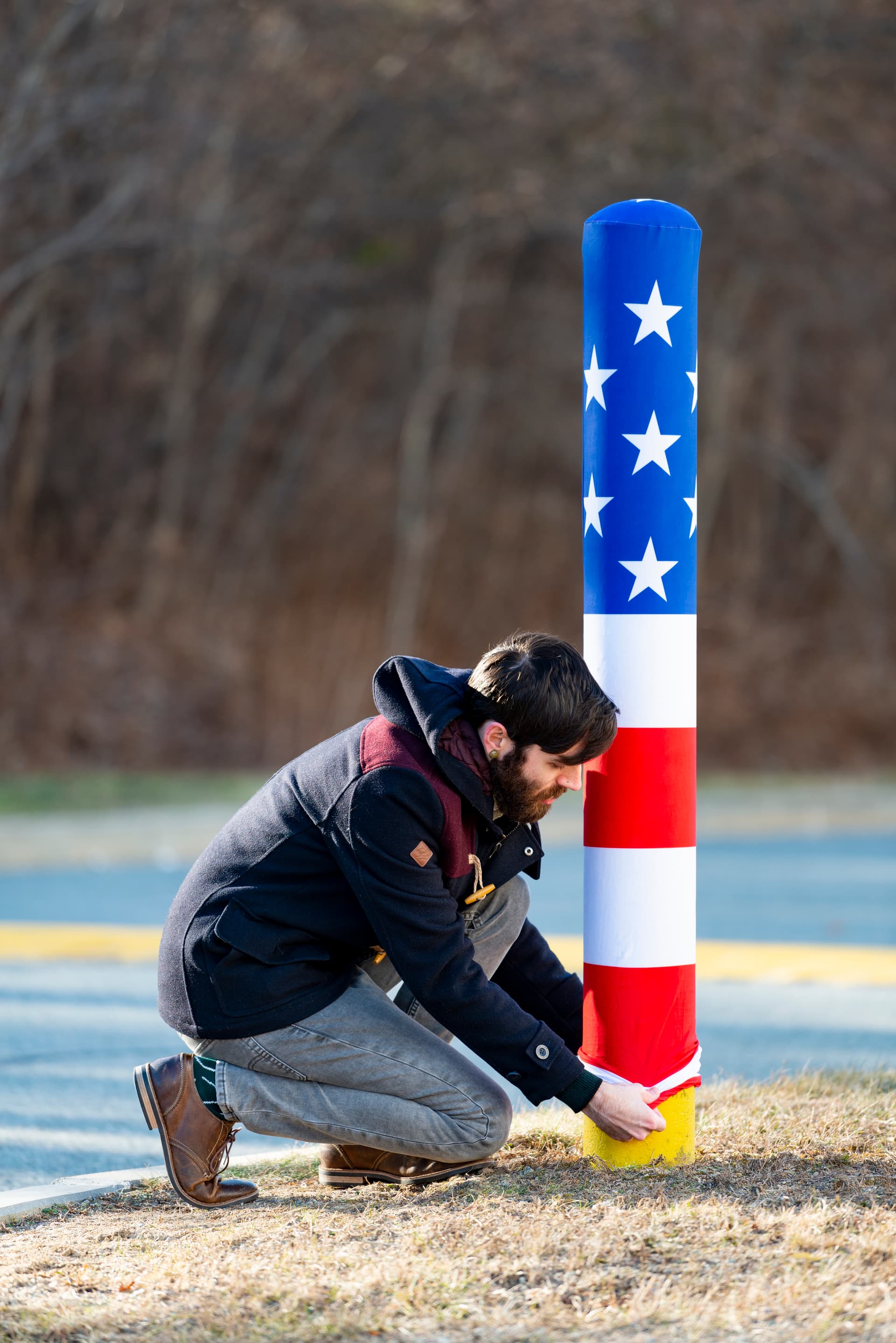 american flag decorative bollard sleeve with elastic bottom opening