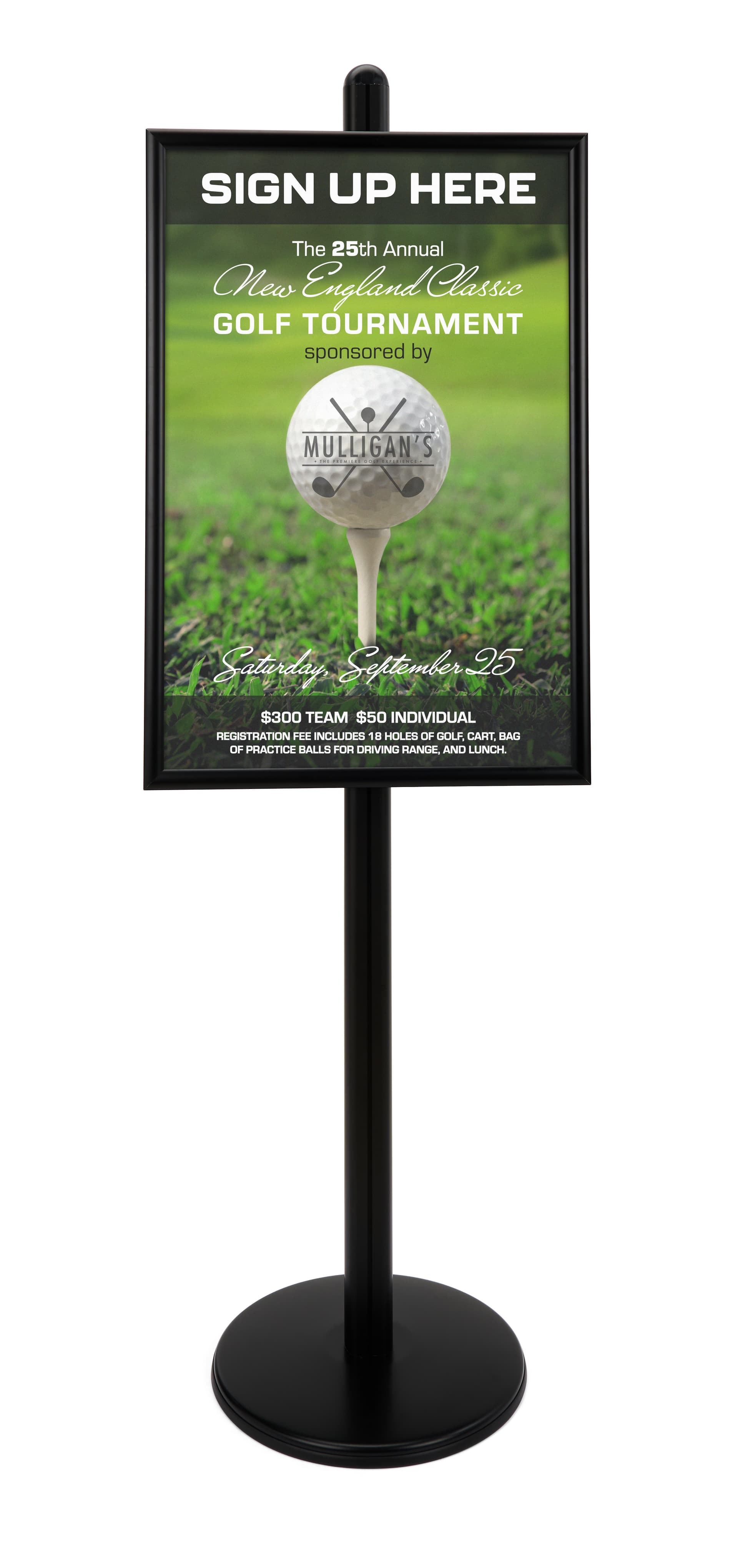 Poster display stand with black post and base