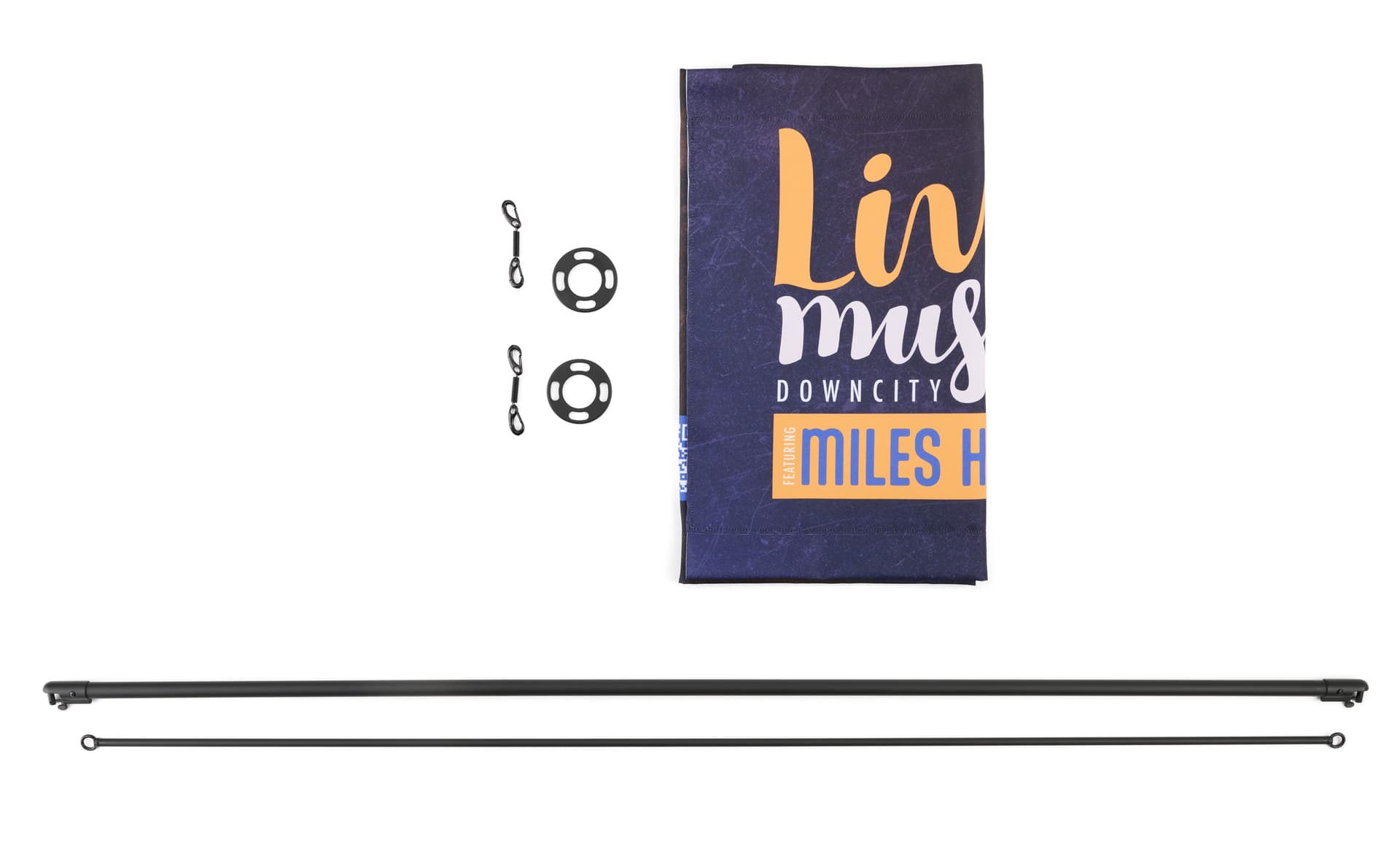 Cafe barrier sign with clips, rings, top and bottom graphic beams