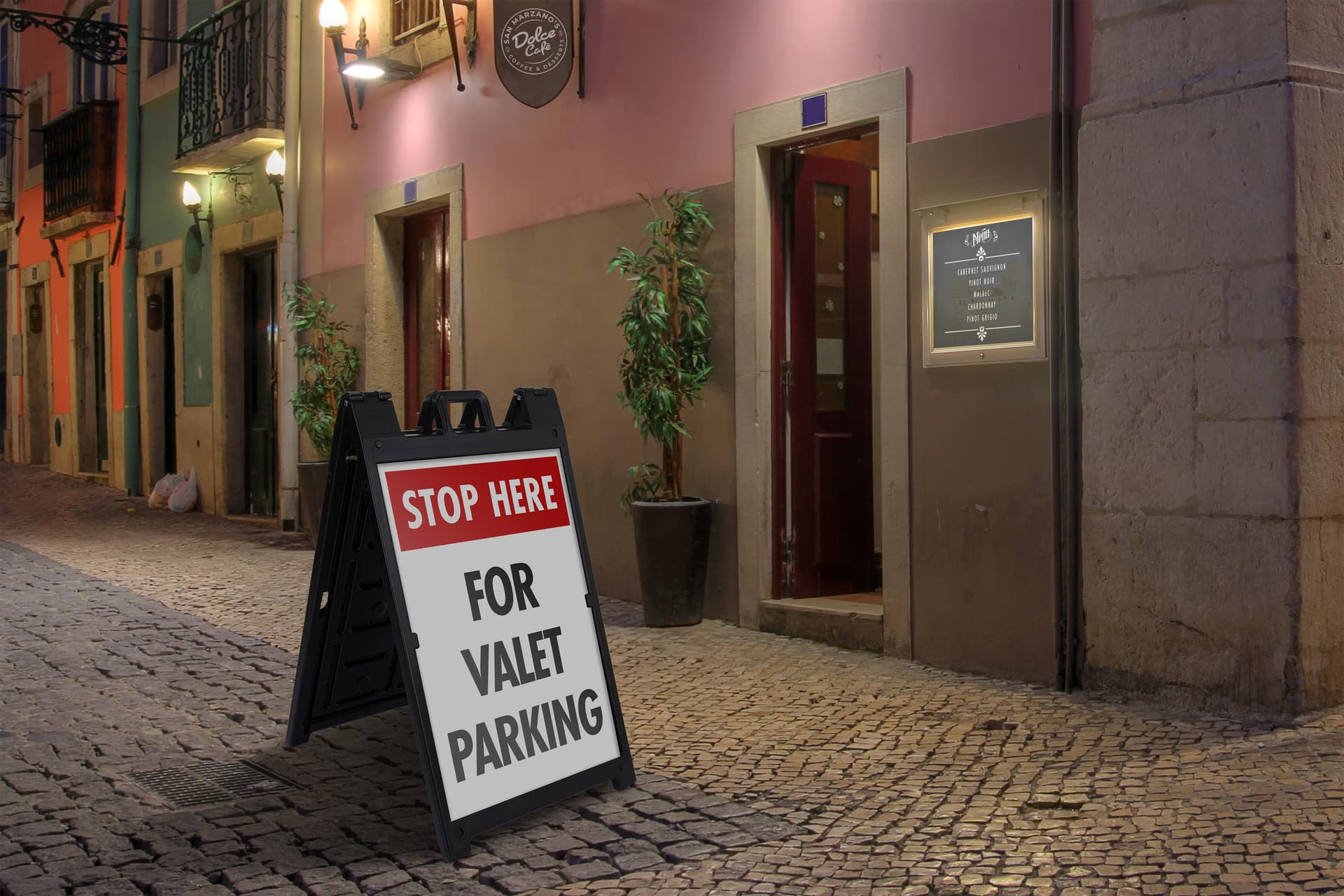 Sign boards for cafes, restaurants, concert venues, and parking lots