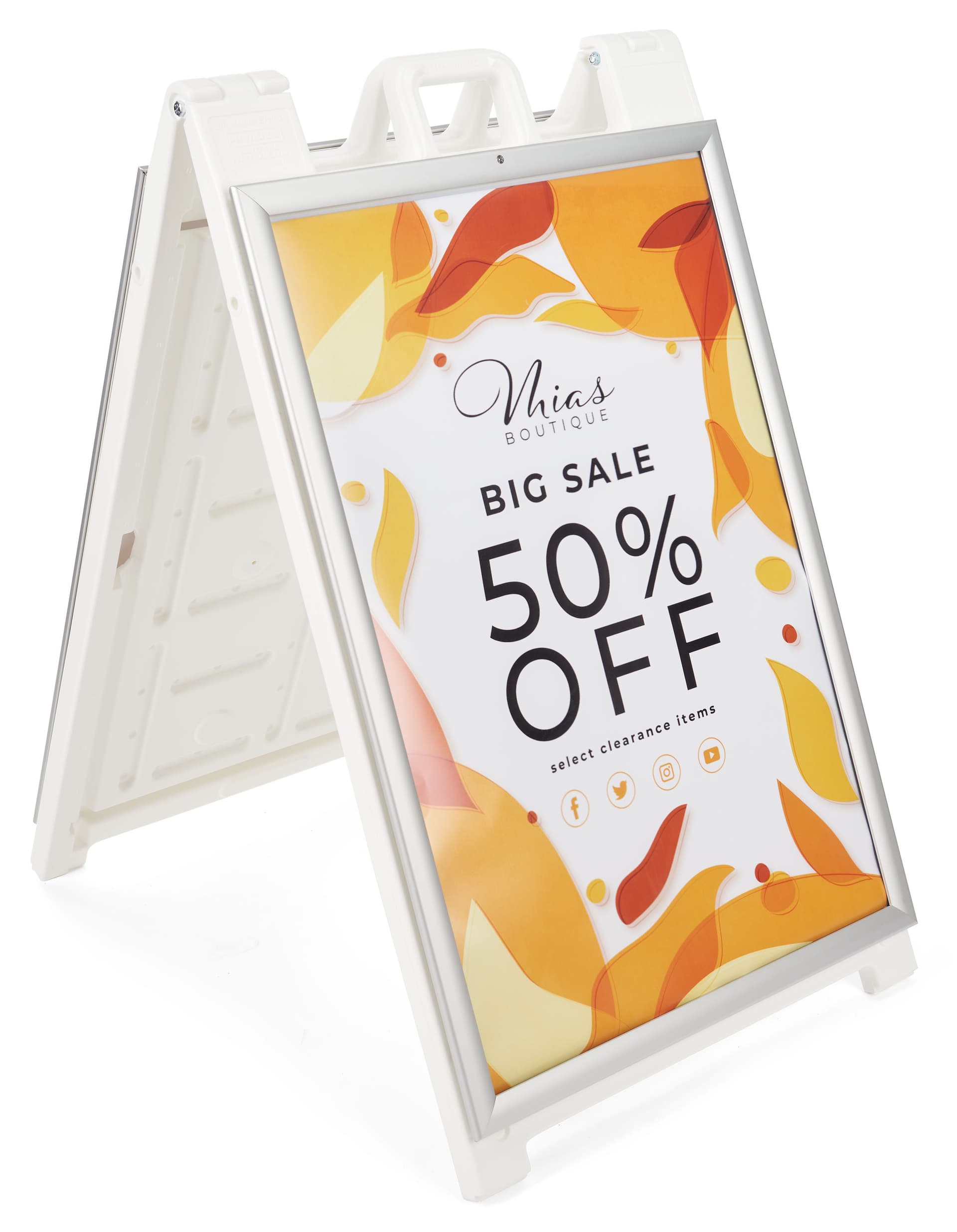 White snap open a-frame sidewalk sign measures 27 inches wide by 46 inches tall 