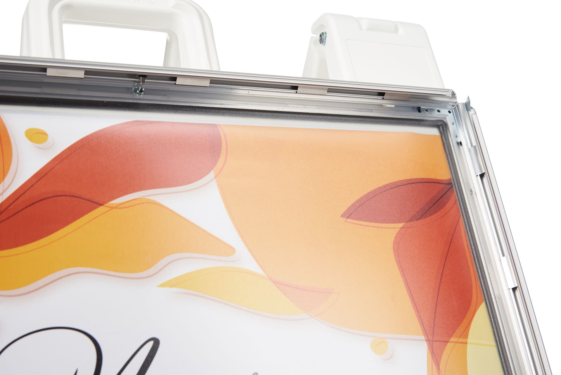 White snap open a-frame sidewalk sign with easy grip top handle 