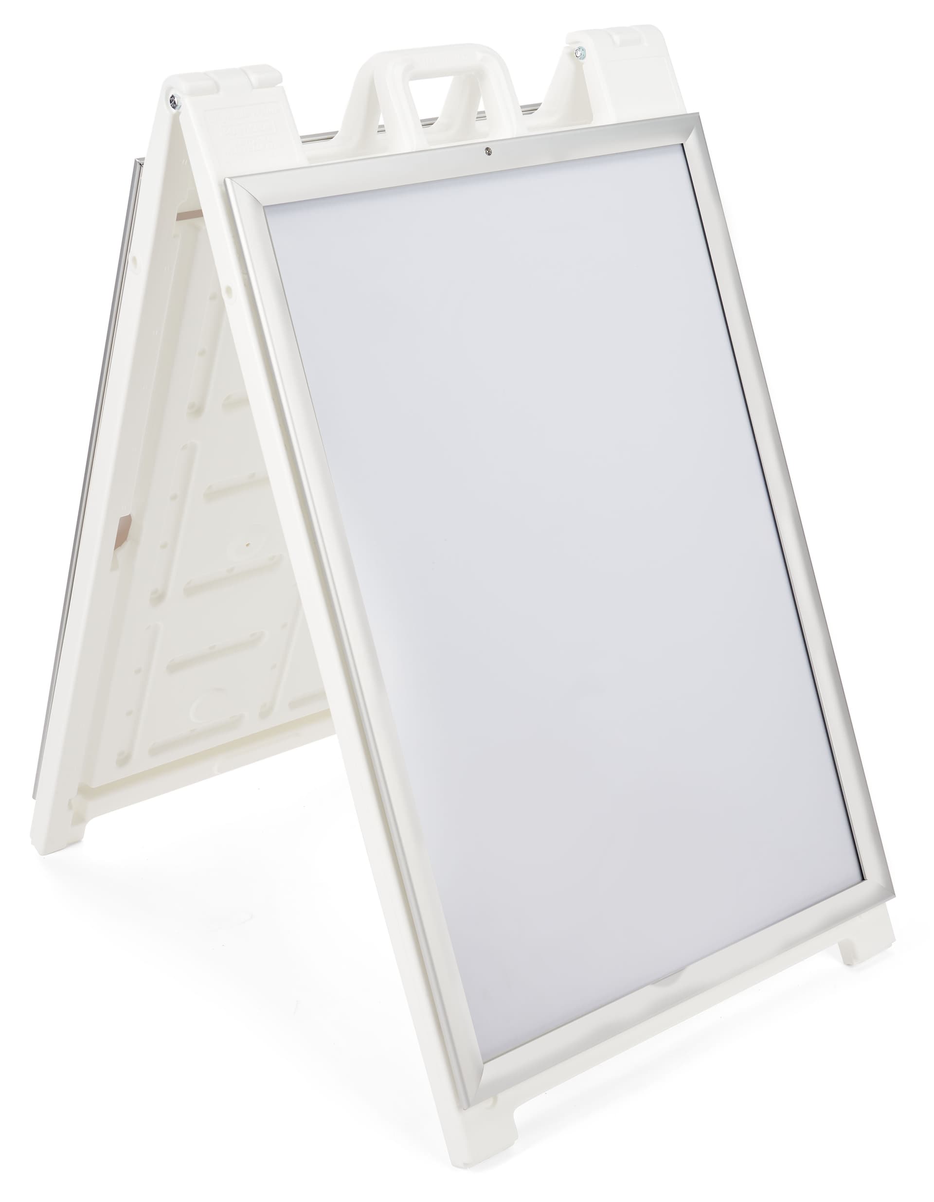 White snap open a-frame sidewalk sign with floor standing placement