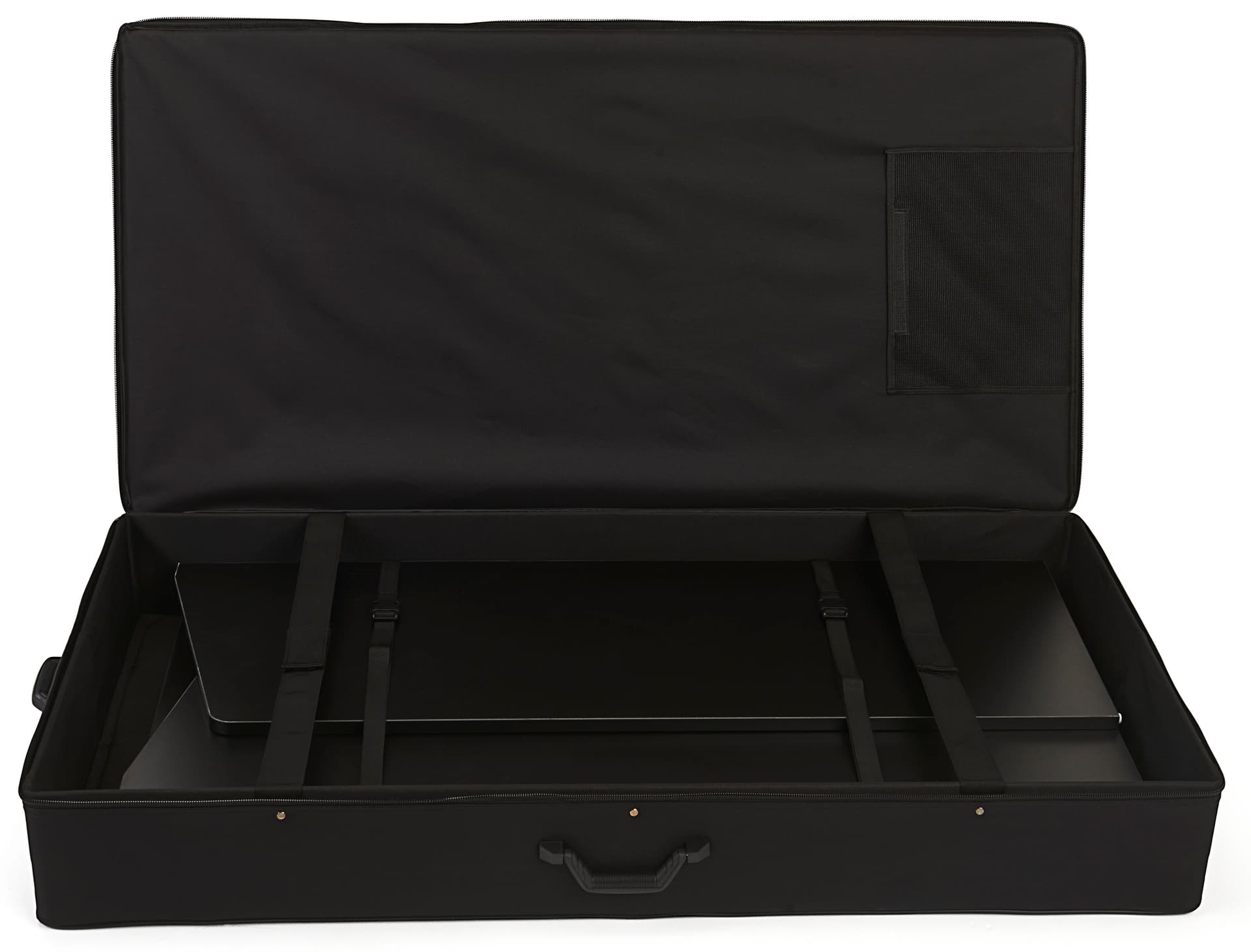 Breakdown lectern transport case with four straps and a plastic netted pouch