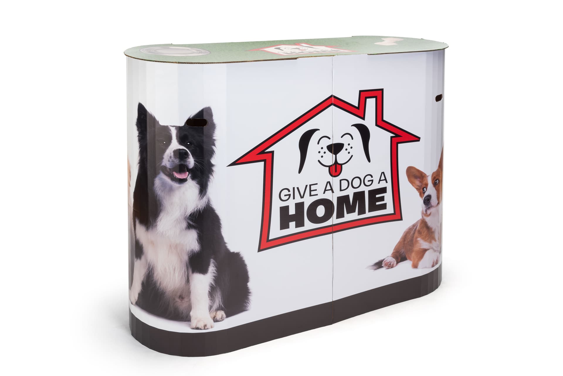 Portable cardboard booth display counter with custom graphics for advertising