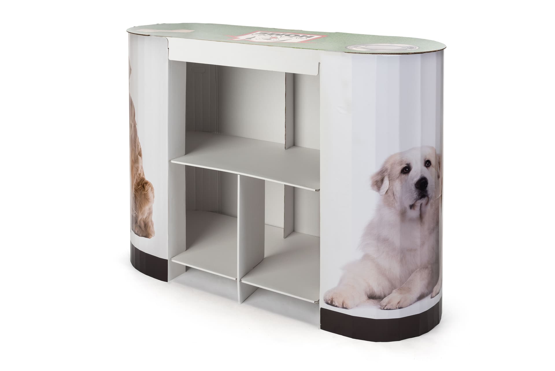 Portable cardboard booth display counter with internal shelves 