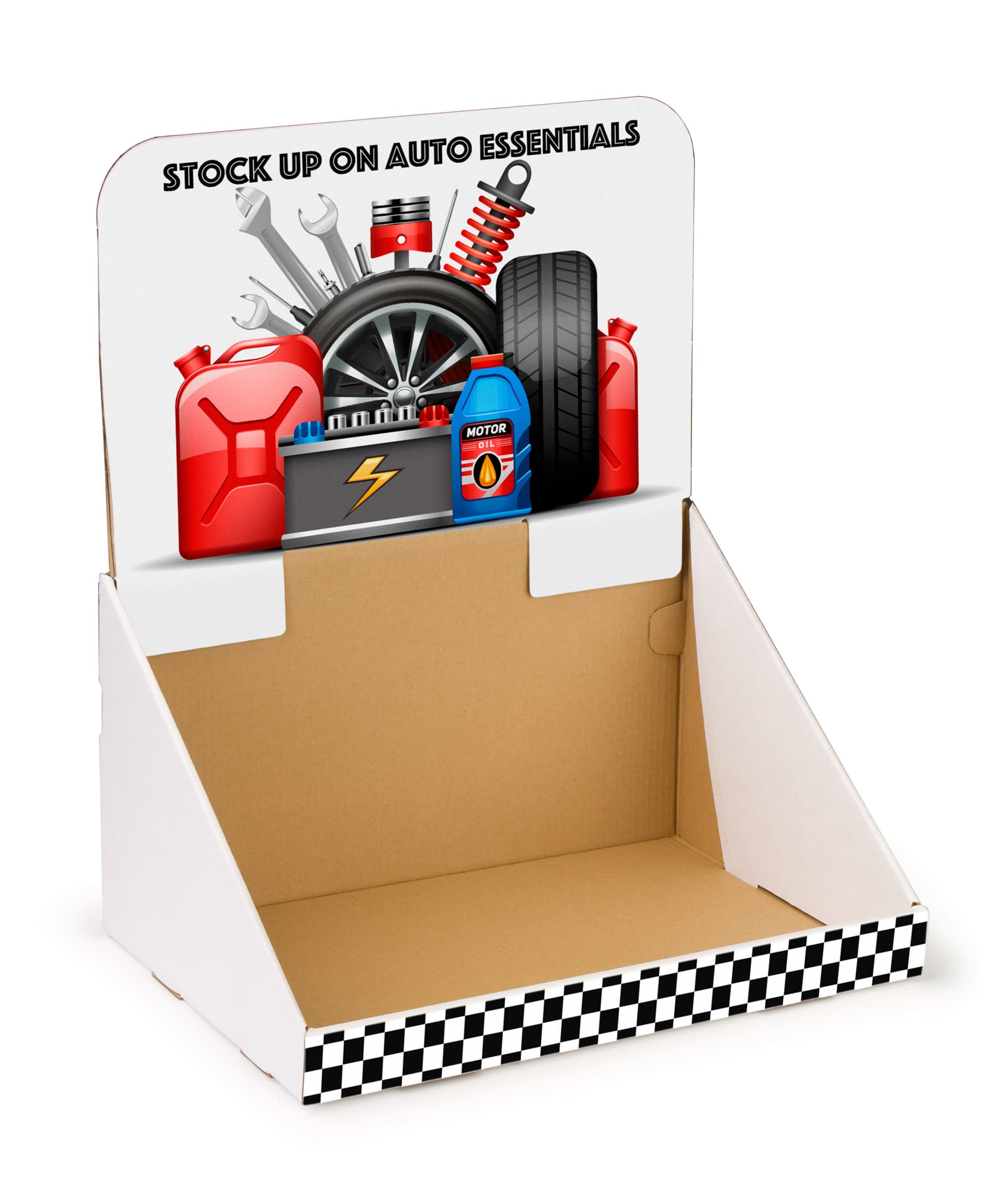 Custom countertop cardboard display shipper box with personalized header and lip