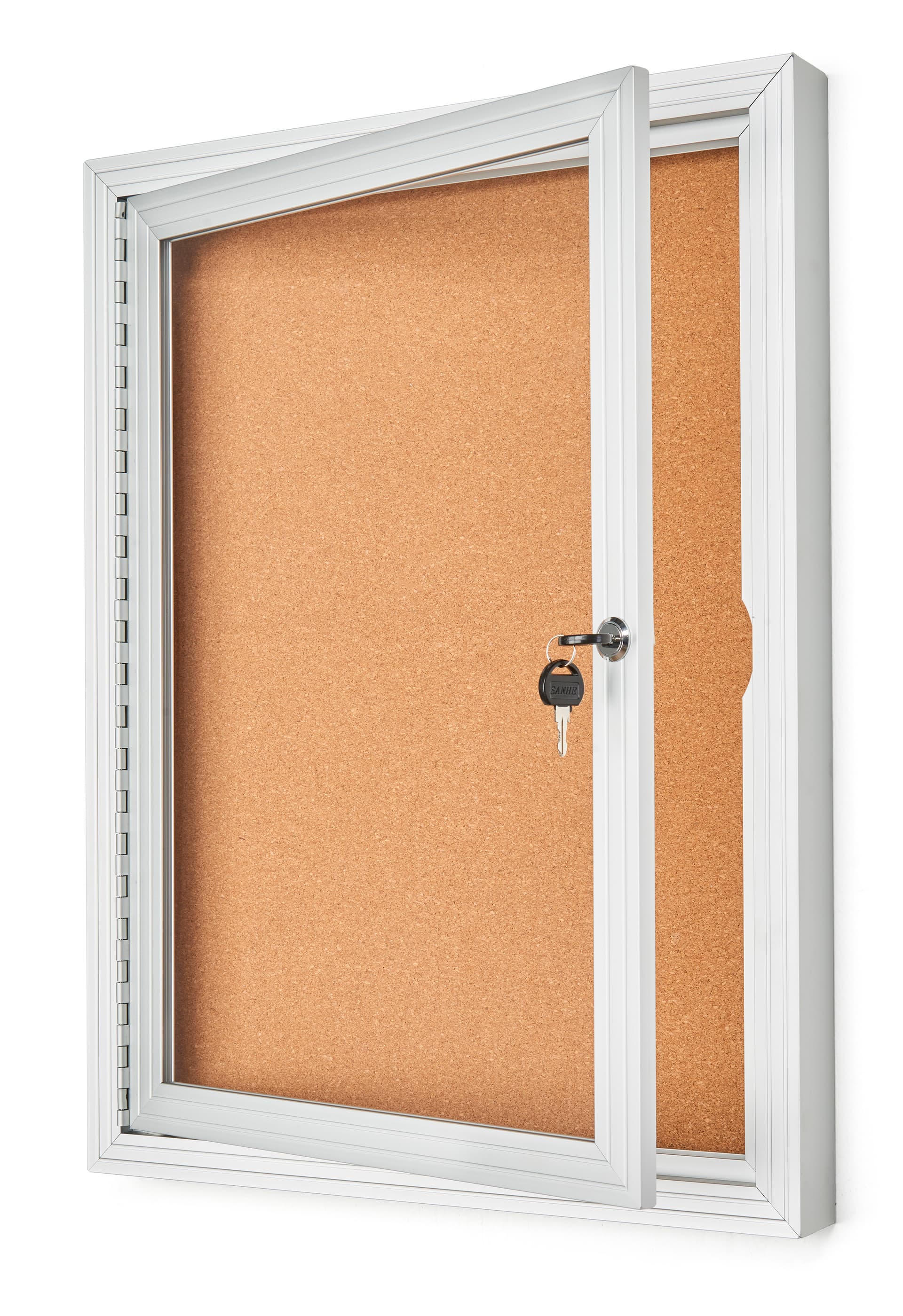 This enclosed aluminum bulletin board has a single door