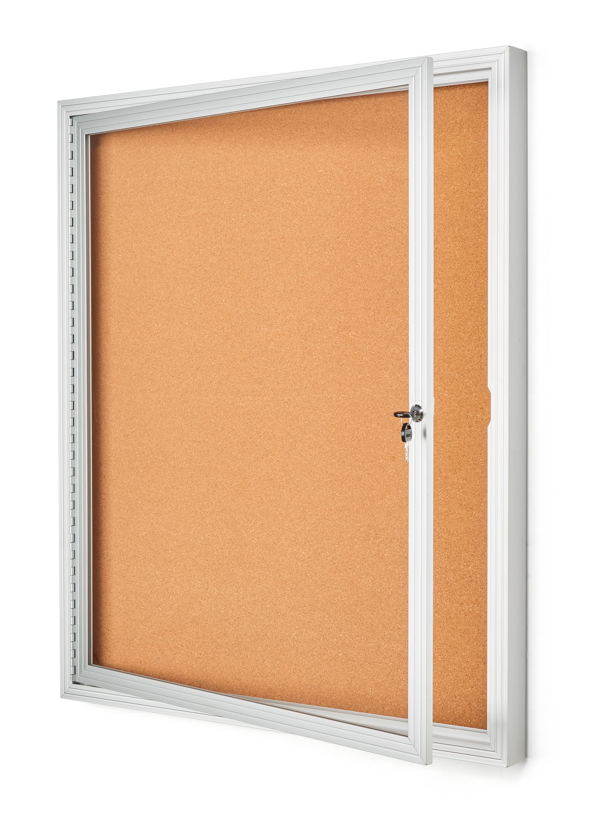 This enclosed aluminum bulletin board has 1 swing style door