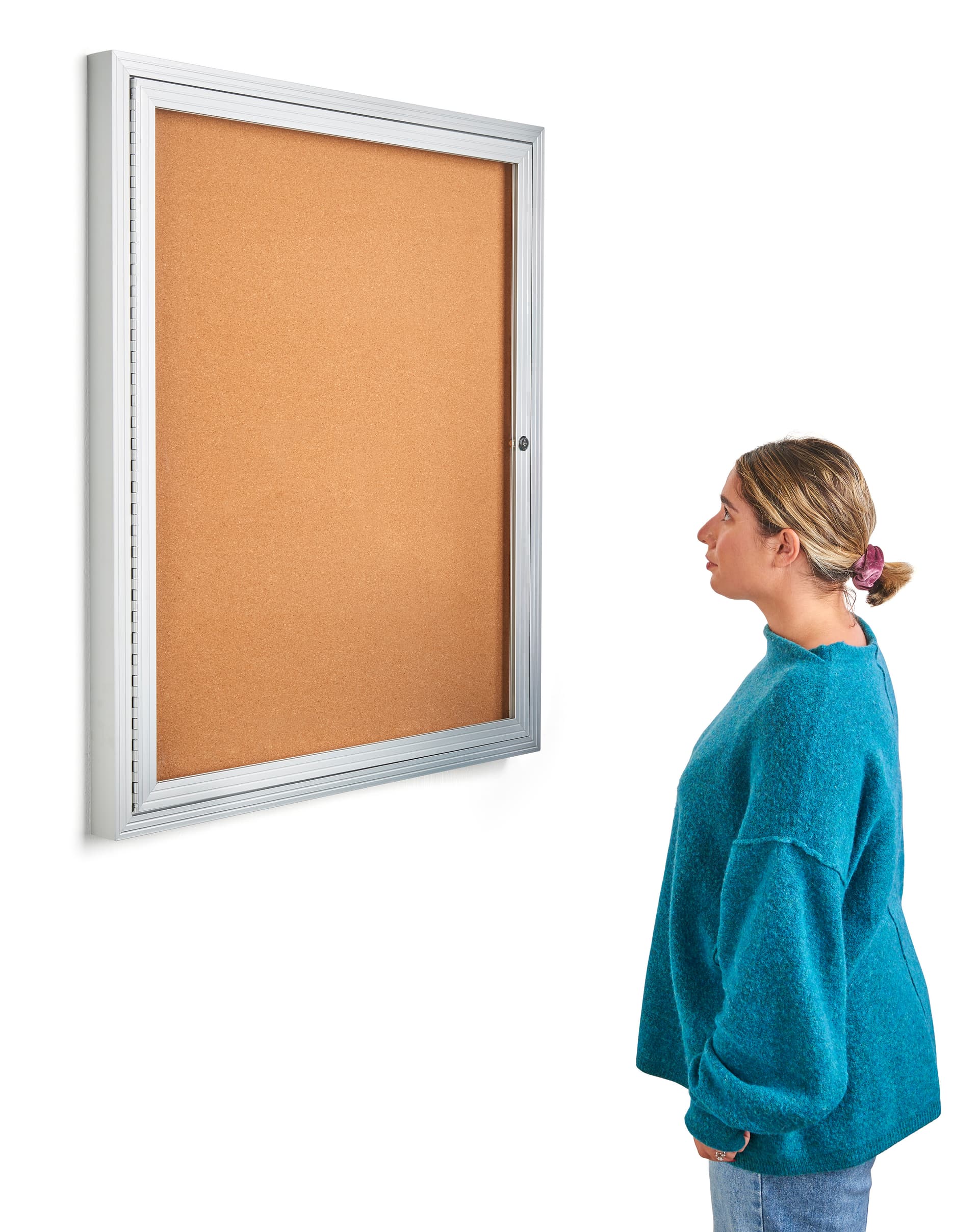 This enclosed aluminum bulletin board is a wall mount frame