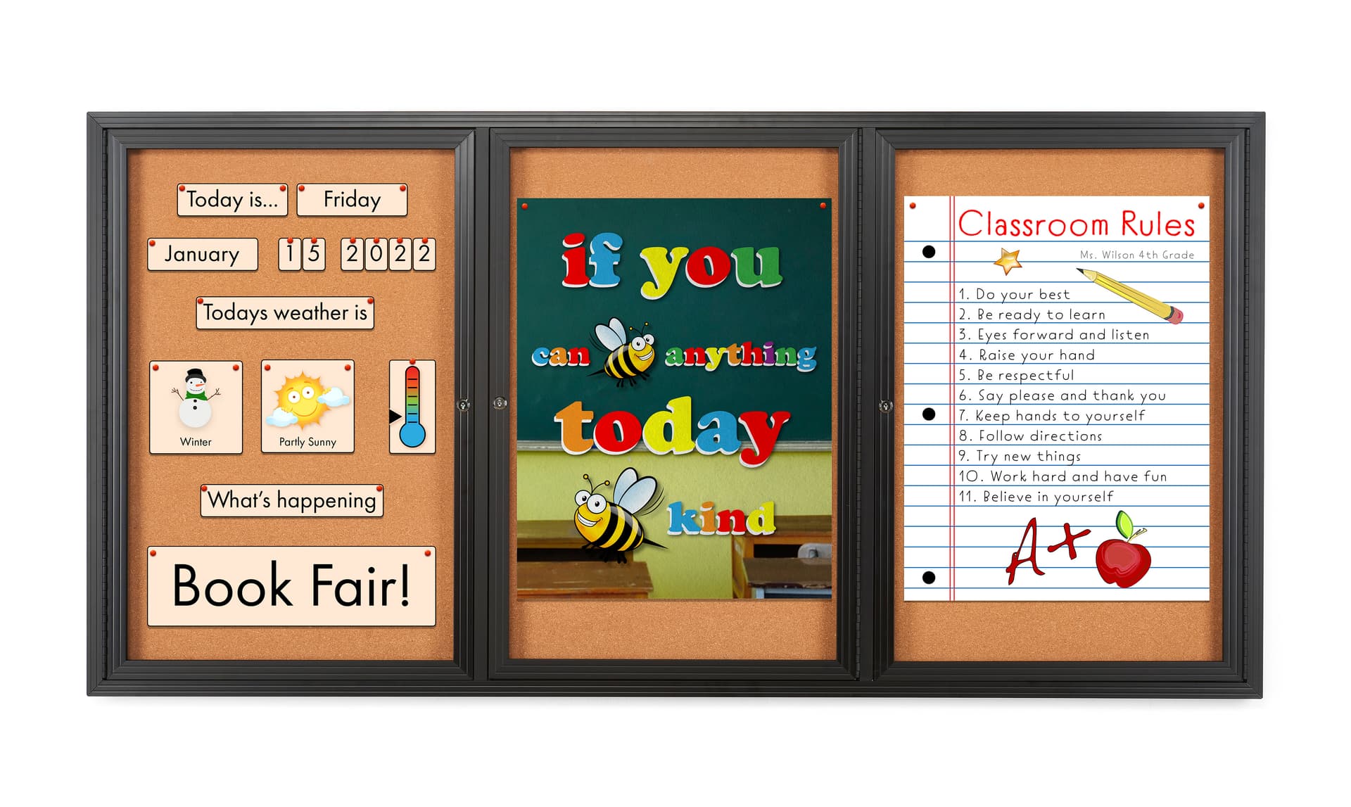 This 72 x 36 locking bulletin board has 3 doors