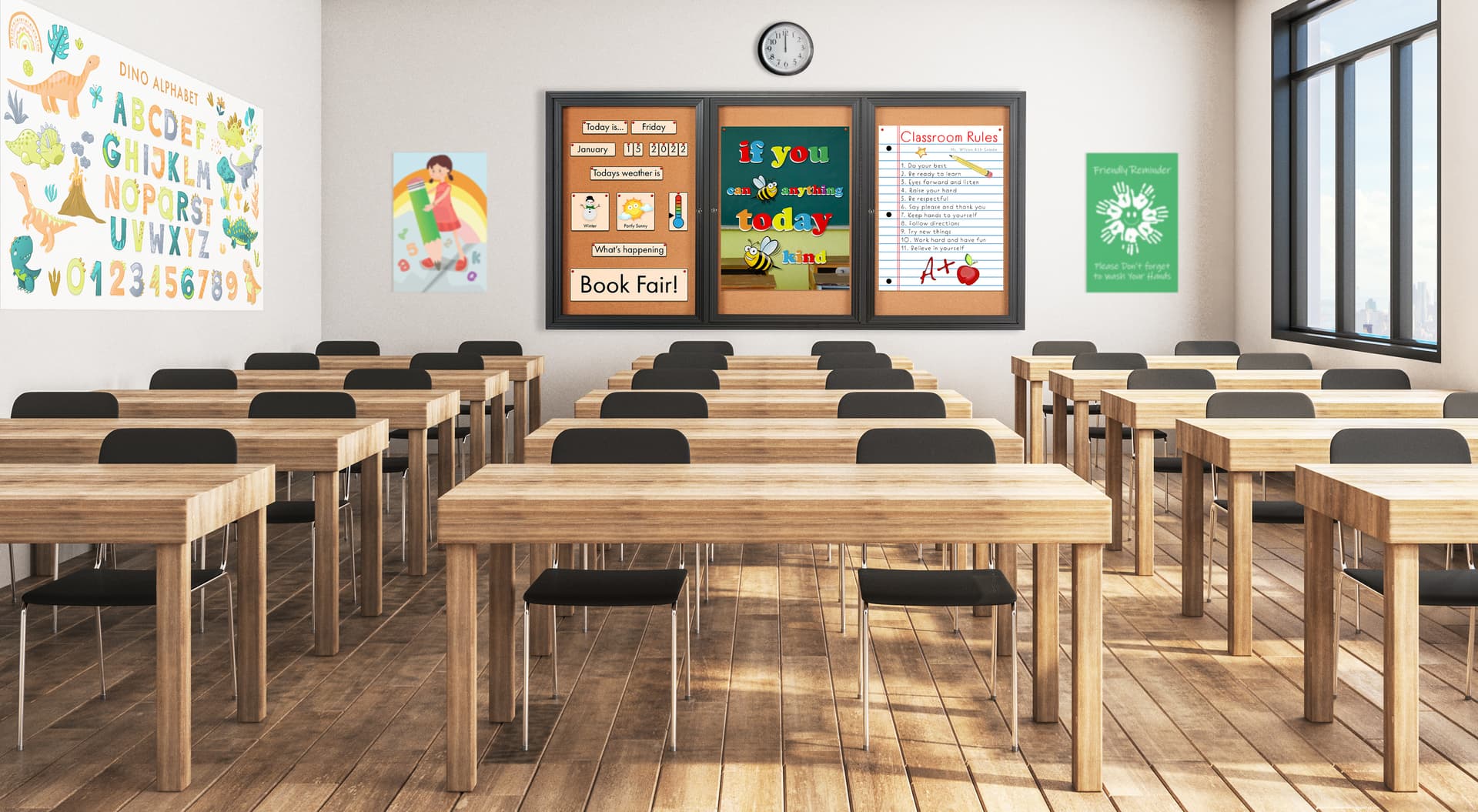 This 72 x 36 locking bulletin board with anodized framing