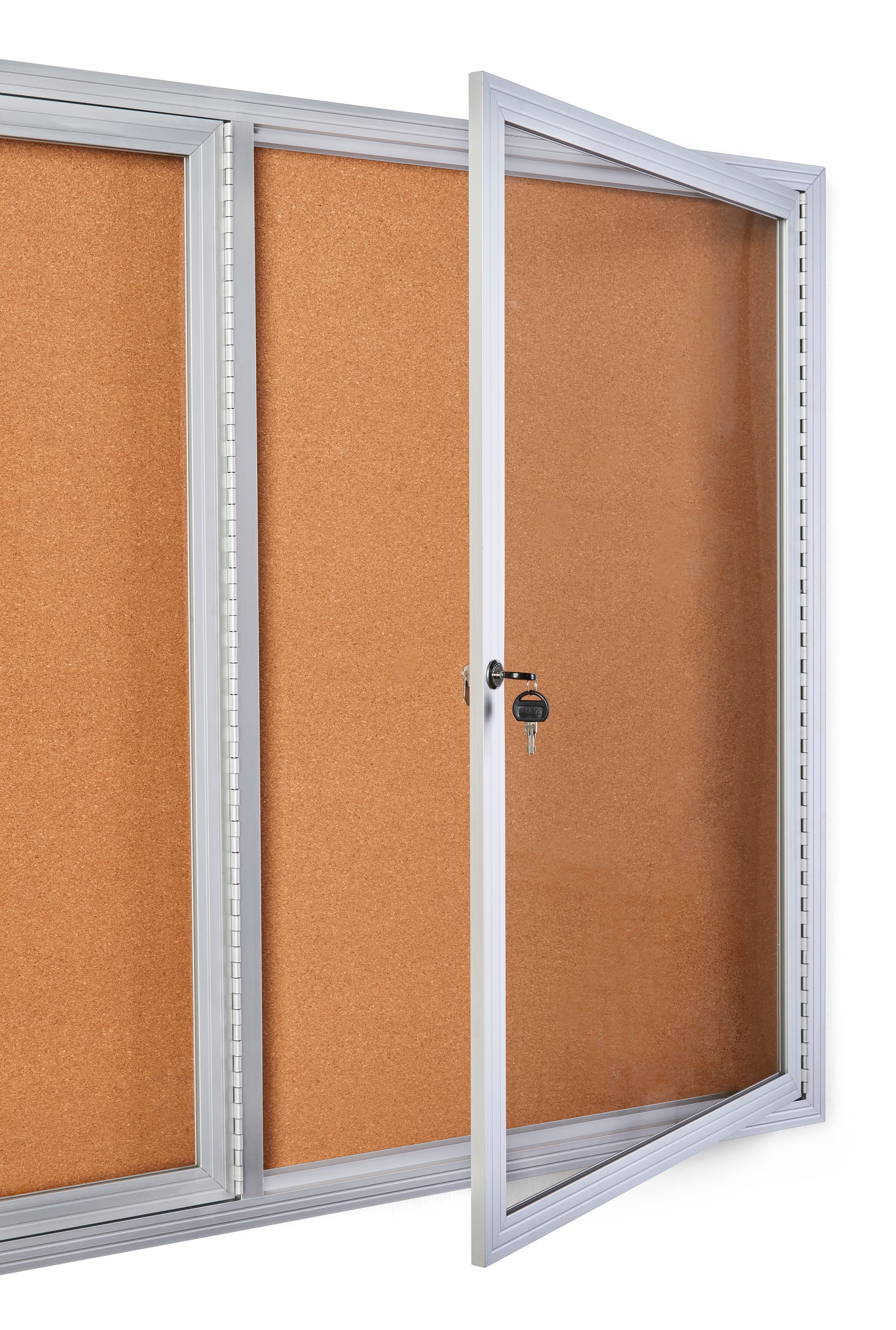 This enclosed 96 x 48 cork board has 3 locking doors