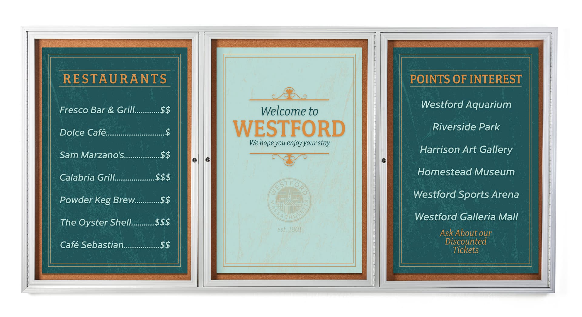 This enclosed 96 x 48 cork board has a powder coated finish
